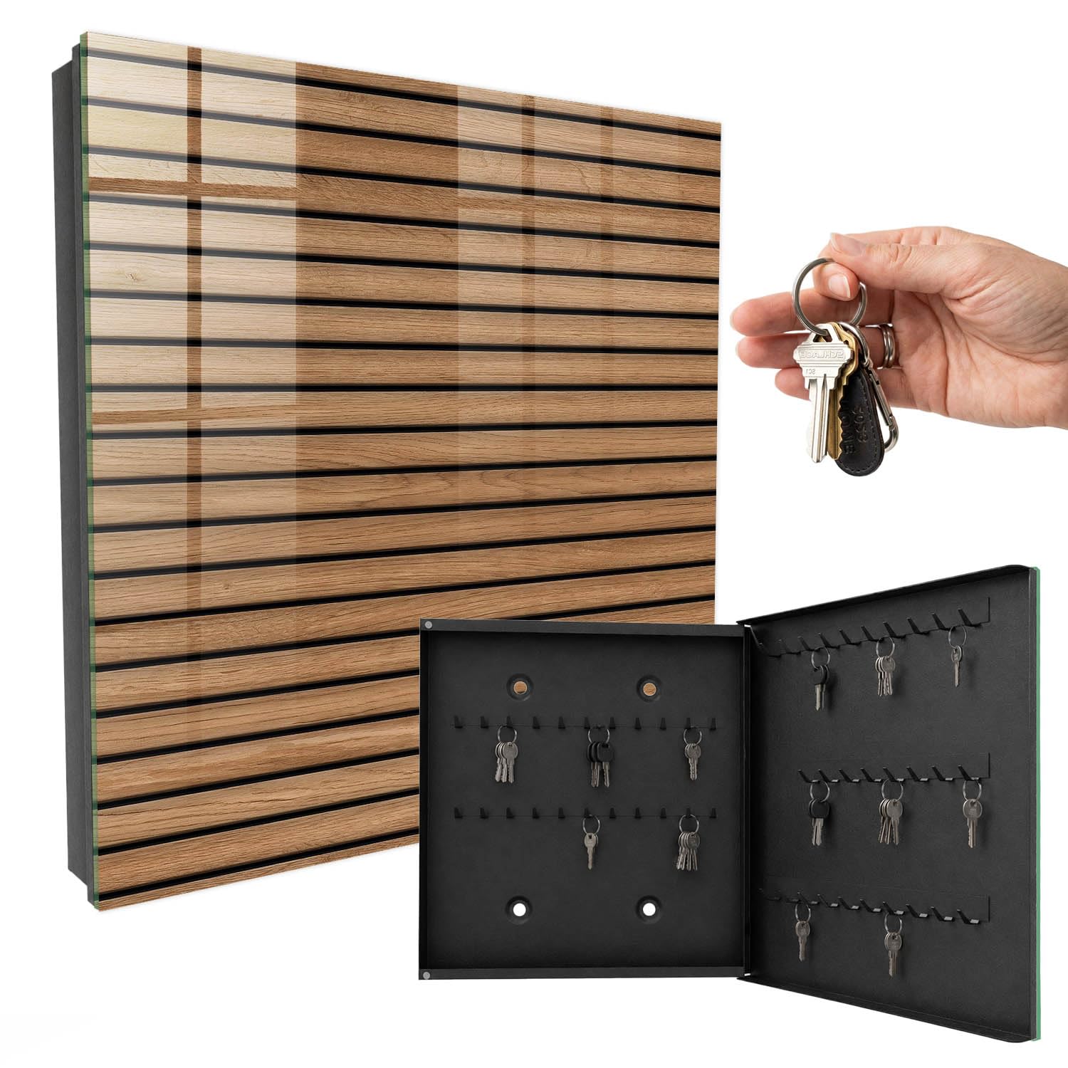 Portachiavi da muro 30x30 cm pannelli di legno Porta Destra Nero | Appendiabiti | Bacheca | Vetrinetta | Nicchia | Casellario | Armadio | Gancio | Quadro | Mobiletto | Contenitore | Supporto