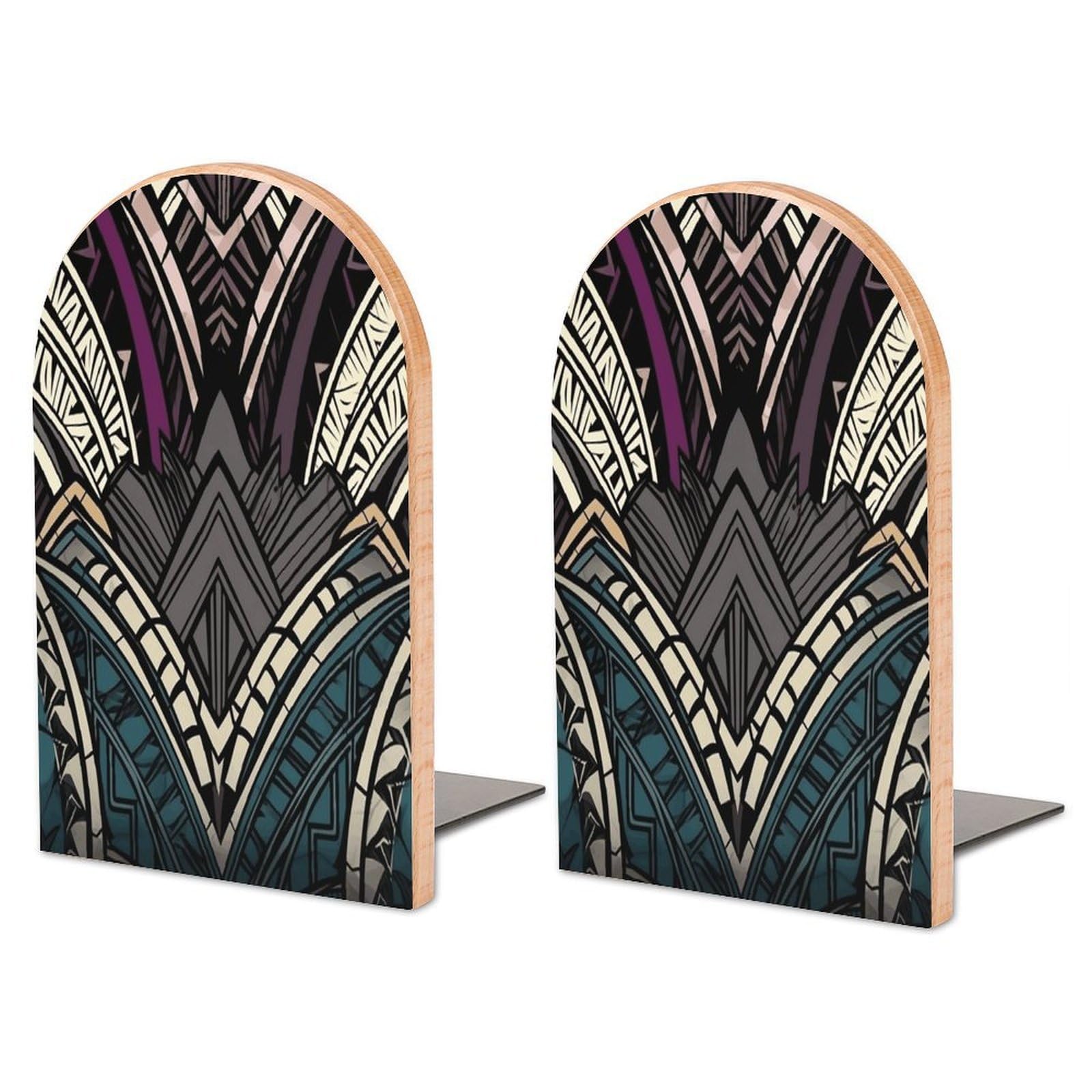 Art Deco Geometric Pattern Wood Bookend for Shelves 1 Pair