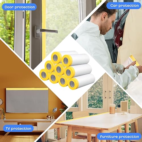 Miniatura 7 de Seajan Película de enmascaramiento para pintar pintores precintados de plástico con cinta adhesiva adjunta, rollo de láminas de plástico para