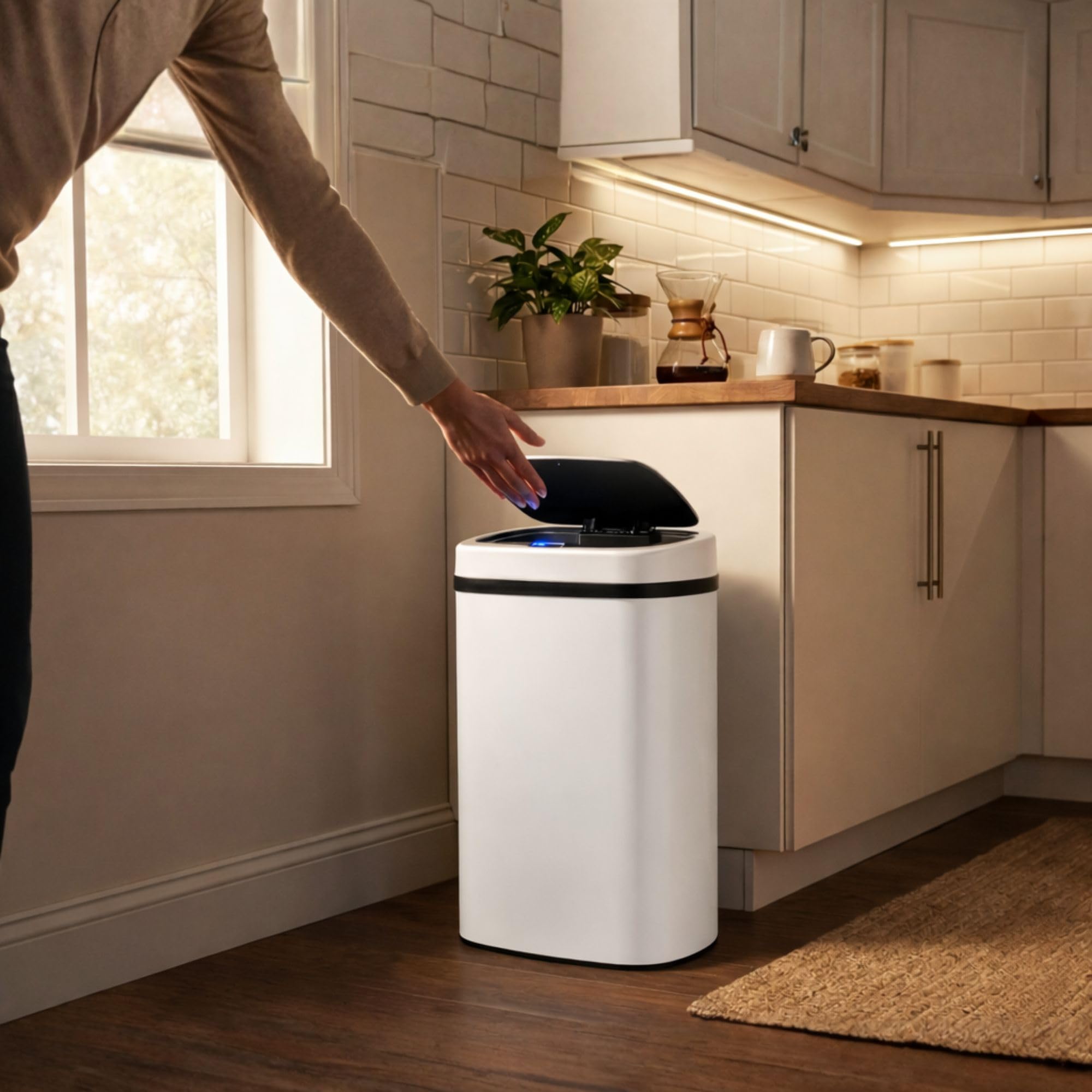 Bayt Cubo de Basura con Sensor 60 Litros - Papelera Automática Cocina sin Contacto, Gran Capacidad, Tapa Automática, Acero Inoxidable, Blanco