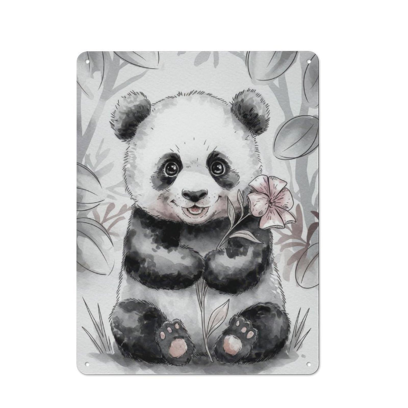 Junmoney Cute Panda With Flower For Lounge Or Reading Corner, Rustic Tin Sign 40X30cm, For Home Interiors, Feature Walls And Decorative Displays