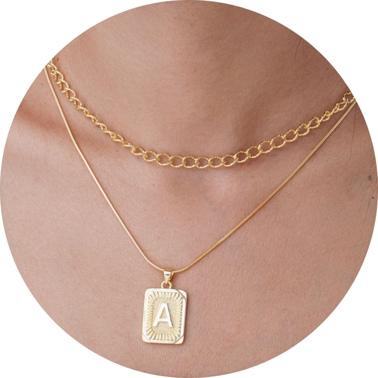 Initial Necklaces for Women 14K Gold Plated Letter Necklace Square Pendant Layered Gold Choker Necklaces Trendy Jewelry V - Image 2