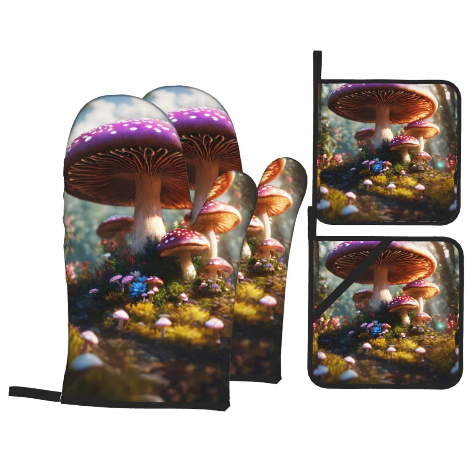 Wild Mushroom Print Kitchen Oven Mitts And Pot Holders Set,Hanging Loop Design For Cooking Baking Bbq