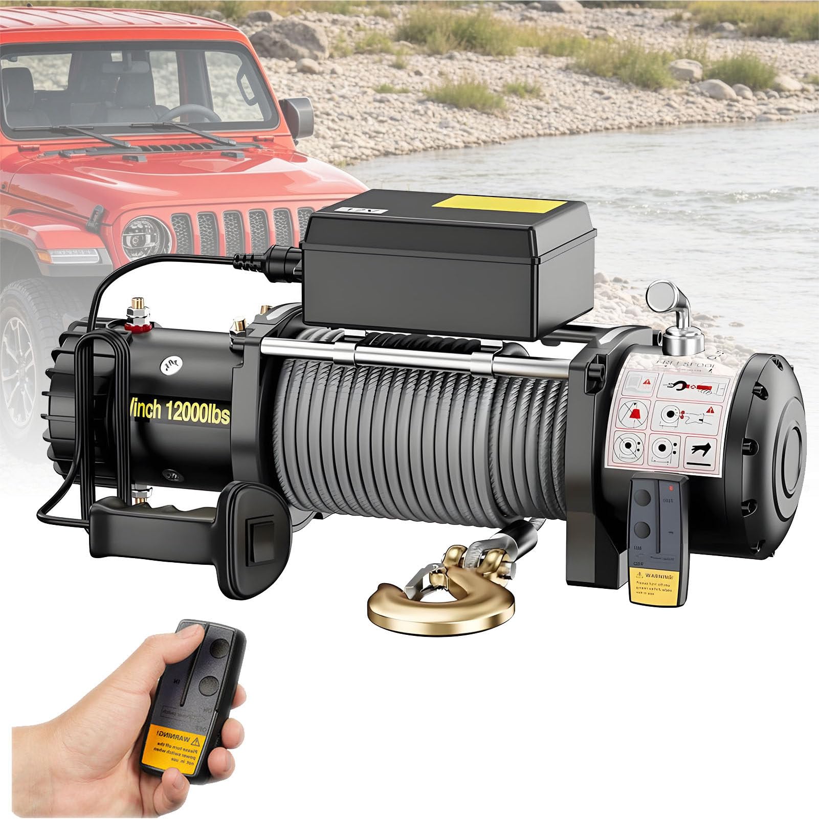 Zestaw wciągarki elektrycznej 12 V / 24 V (3000–6000 lbs) z liną stalową odporną na skręcanie i pilotem bezprzewodowym – do ATV, łodzi, przyczep i ciężarówek 24V-3000LBS
