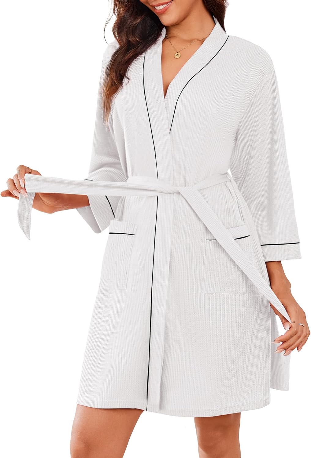 Ekouaer Women Robes Waffle Knee Length Bathrobe Lightweight Soft Sleepwear V neck 3/4 Sleeve Casual Ladies Loungewear S-XXL