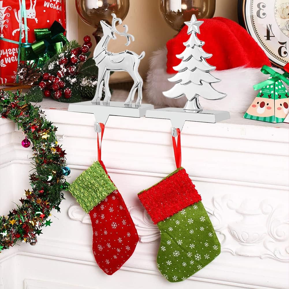 MINILIFE Christmas Stocking Hanger, Double Christmas Tree Stocking Holder for Mantle - Holiday Mantle Fireplace Topper Silver Christmas Decoration
