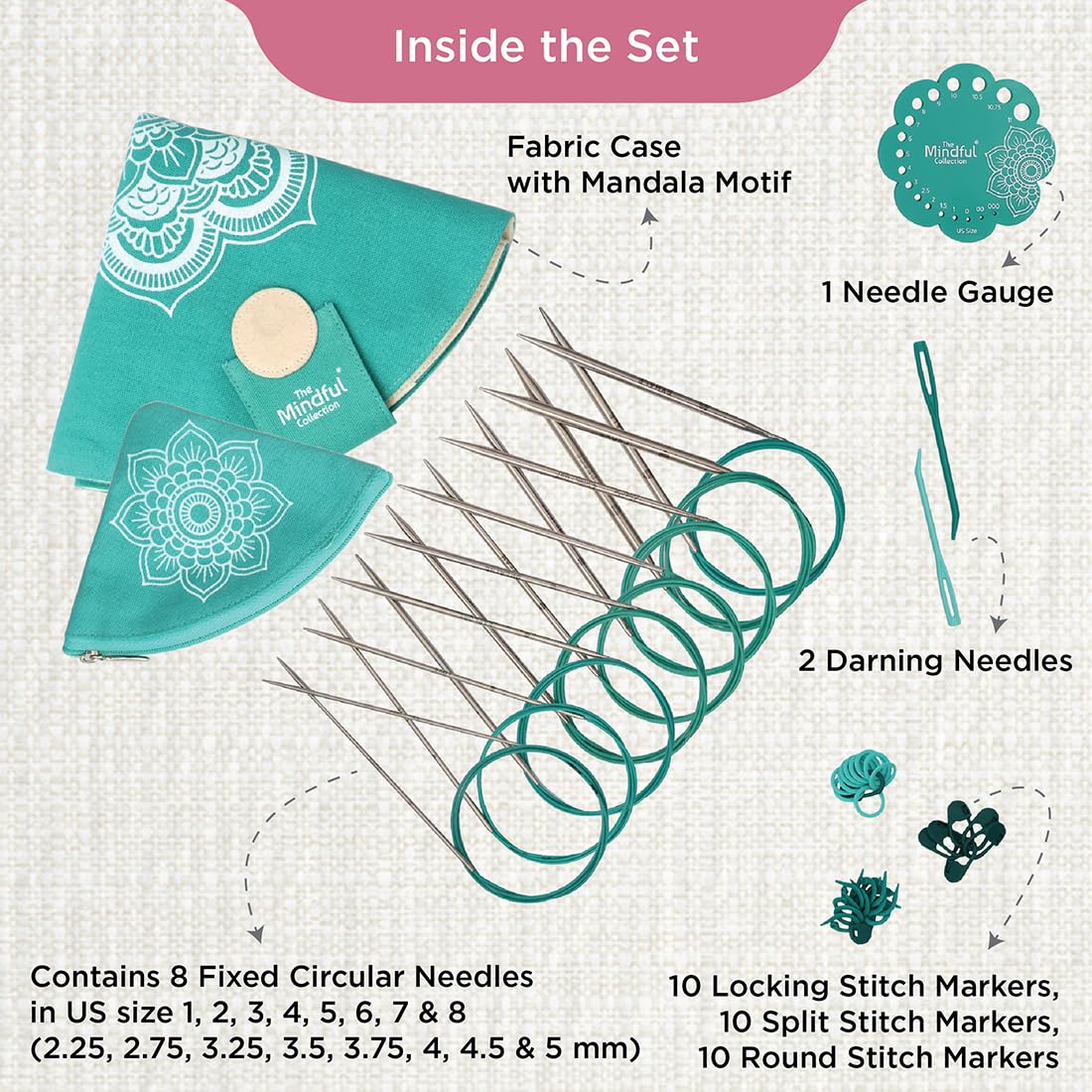 KnitPro Mindful Fixed Needle Set – 13cm Circular Knitting Pin Pairs with Accessories Mindful Serenity Set for Beginners, Professionals & Gift Set