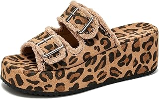 Women's Y2K Leopard Denim Platform Wedge Sandals Double Buckle Slides
