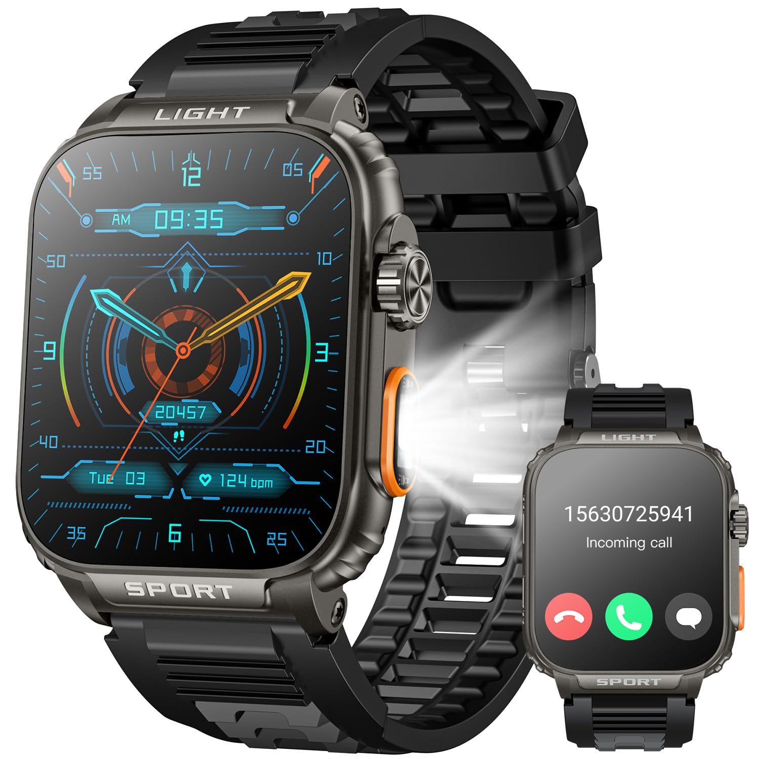 Reloj Inteligente Hombre Smartwatch con Llamadas: 1.91" Militar Smart Watch con Whatsapp Bluetooth Linterna Pulsometro Monitor Sueño para 100 Deportivos Pulsera Actividad Compatible Android iPhone iOS