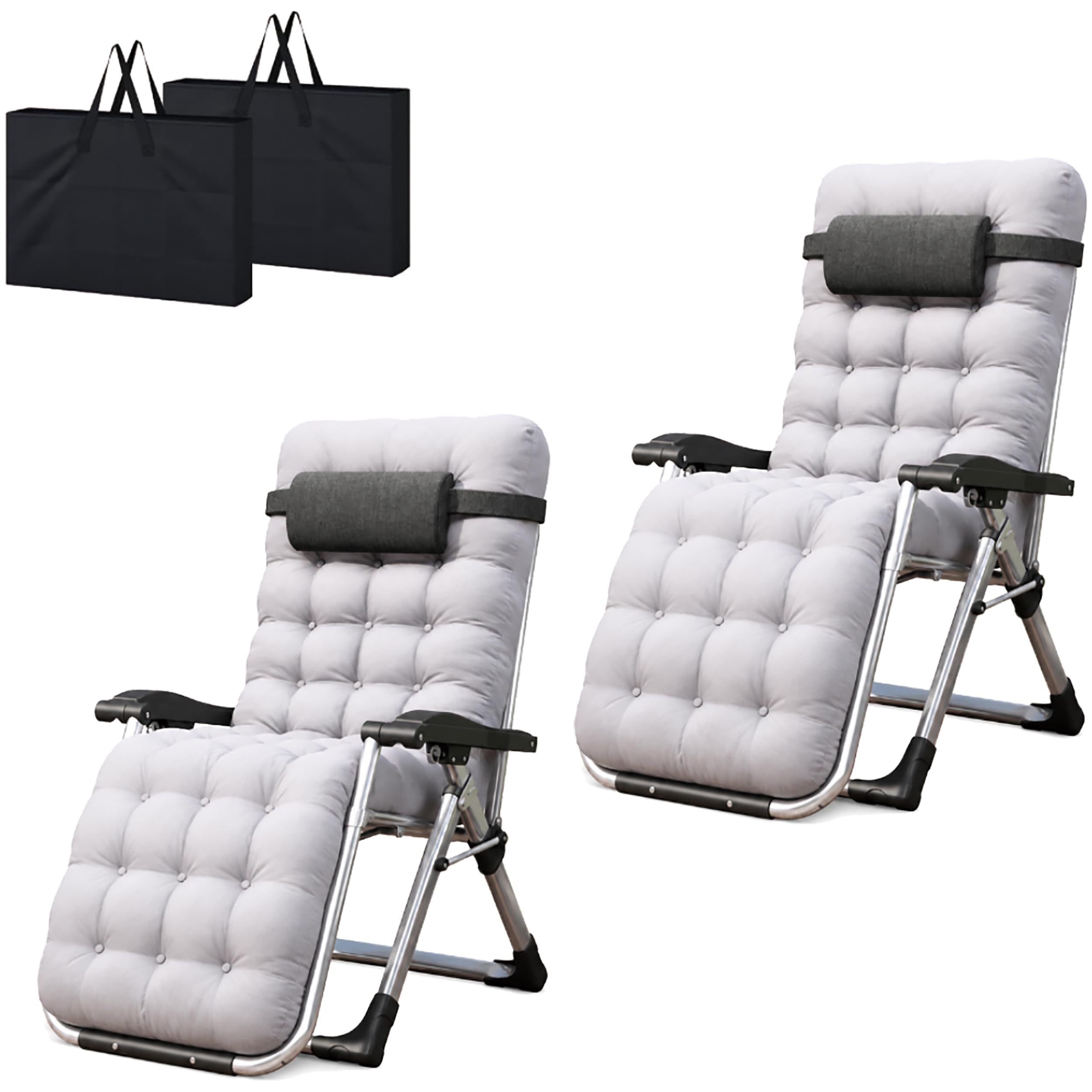 LSBIKE Zero Gravity Reclining Sun Lounger Chair with 10cm Thick Removable Cushion & Cup Holder & Bag Foldable Recliner Garden Chair for Camping, Patio, Beach 200kg Capacity (Grey+a pair)