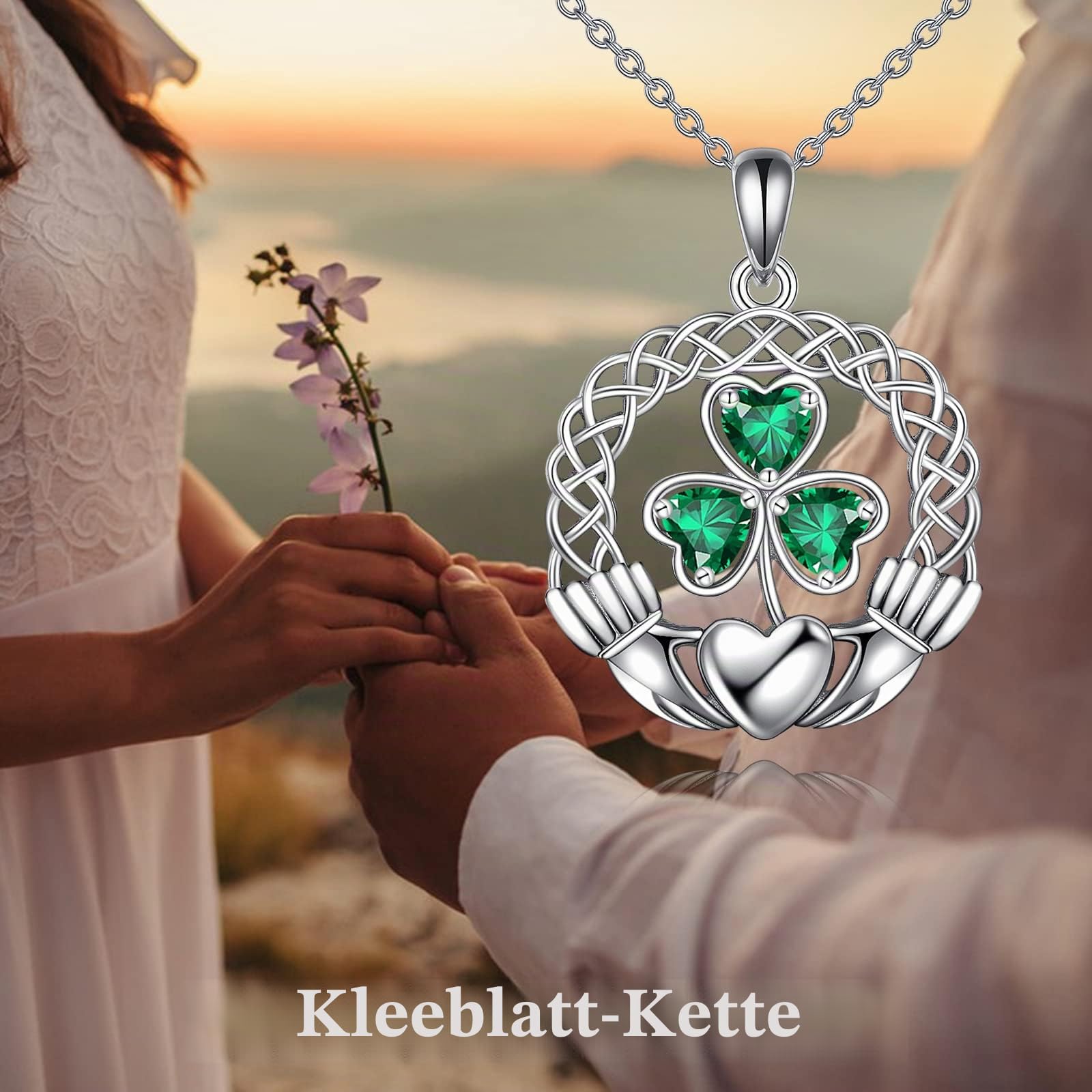 VONALA Kleeblatt Halskette 925 Sterling Silber Keltischer Knoten Claddagh Grün Anhänger Keltische Irische Kette Glücksbringer St Patrick Day Schmuck Geschenk für Frauen Damen
