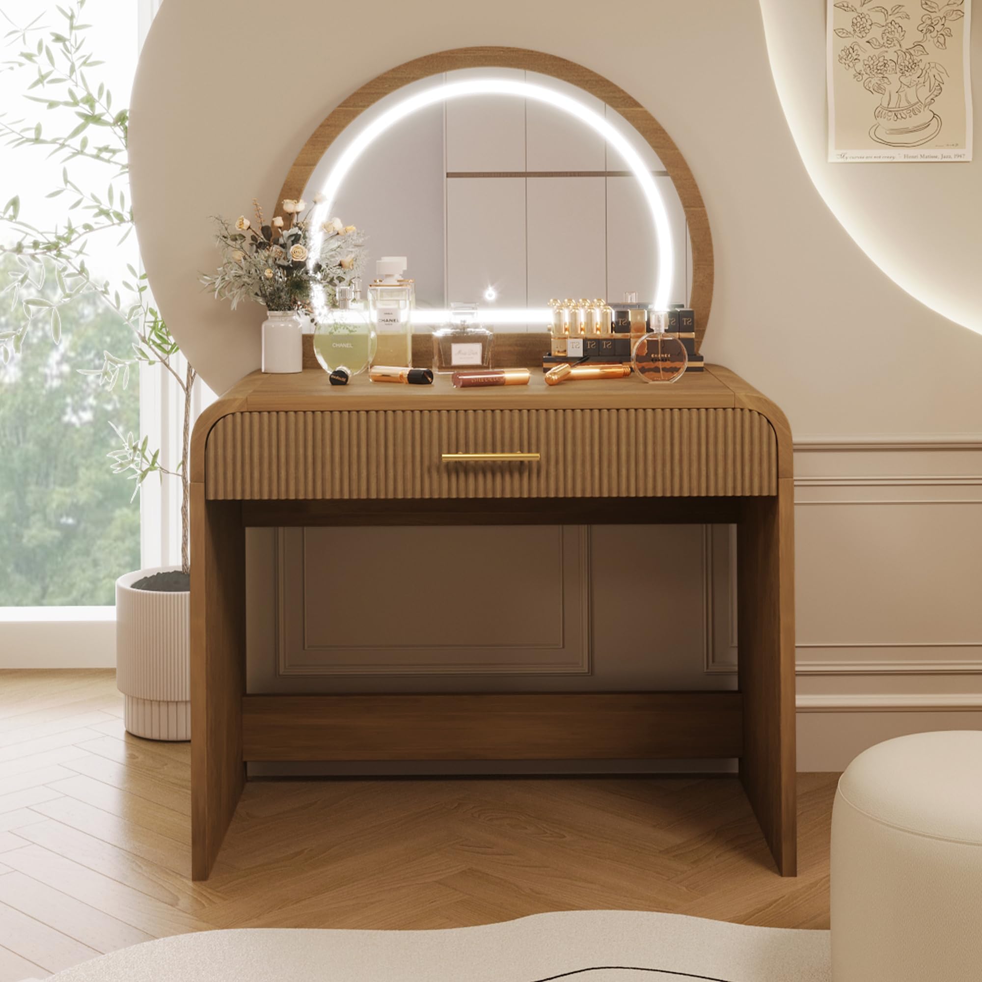 JIVOIT 39" Vanity Table with Mirror, Makeup Vanity Table with Removable Mirror, Dressing Table with Drawer, Curved Edges and Elegant Design, Modern Dressing Table Desk for Bedroom
