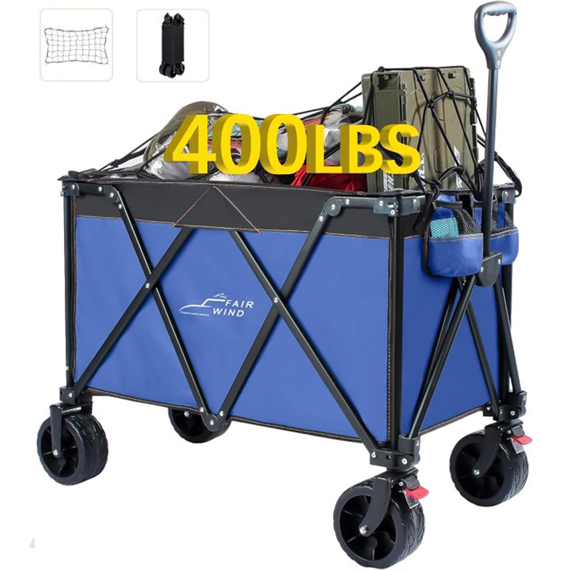 FAIR WIND 280L Collapsible Foldable Wagon Cart, 400LBS Capacity Extended Height Wagon with Brakes?Cargo Net, Heavy Duty with Big All-Terrain Wheels for Camping Beach Sports Shopping