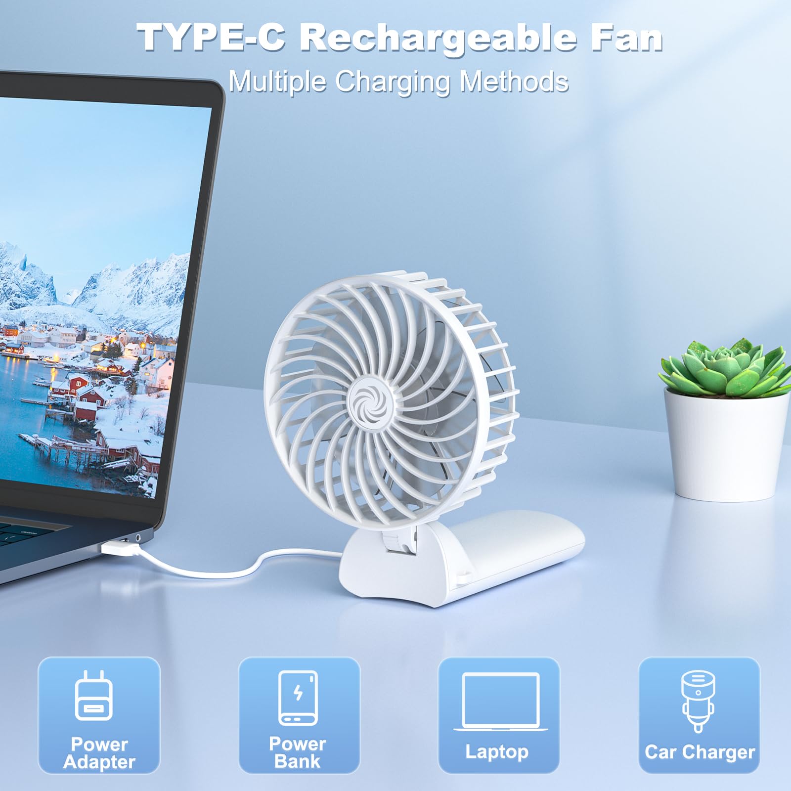 Ventilatore Portatile, Ventilatore USB Ricaricabile 180° Pieghevole Ventilatori da Tavolo con 4 Velocità, Batteria 2000mAh Mini Ventilatori Portatili Tascabile per Casa Ufficio Campeggio Viaggio