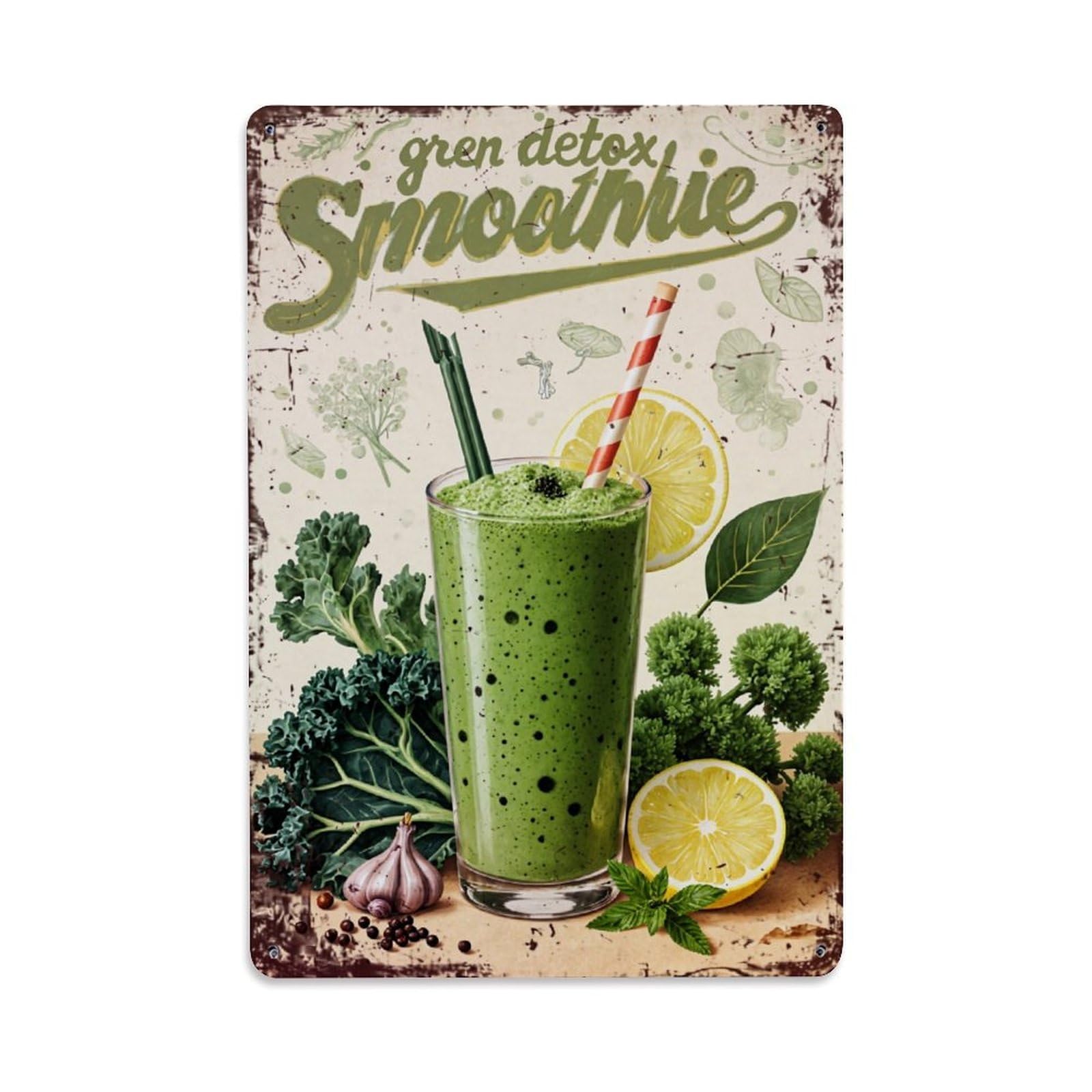 Green Smoothie Detox Drink Recipe Retro Metal Tin Sign, Vintage Decor Art Poster for Bar, Home, Man Cave, Kitchen, Laundry Room Gift 8x12Inch