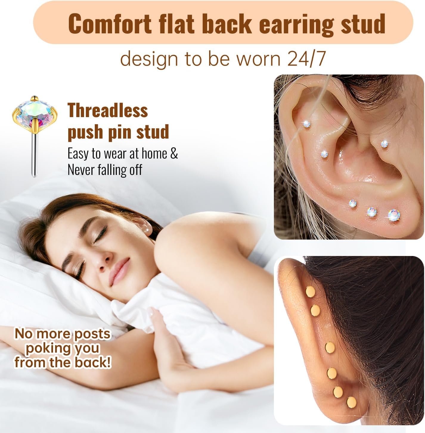 20G Flat Back Earrings Studs 18G Nose Rings 24K Gold Plating 3 Pairs Titanium Threadless 16G Cartilage Earrings for Women Men Tragus Conch Helix Medusa Lip Piercing Jewelry - Image 2
