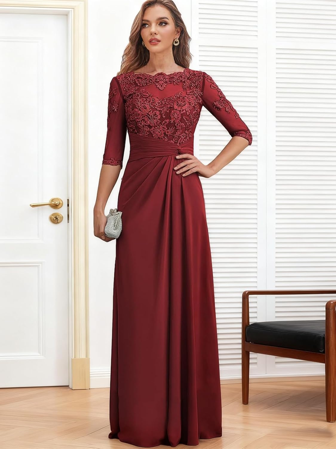 Clixsy Mother of The Bride Dresses for Wedding Long Chiffon Ruched Formal Dress with Sleeves Lace Corset Evening Gown - Image 5