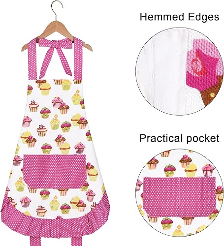 Miniatura 5 de Paquete de 2 delantales 100% algodón para padres e hijos, diseño de cupcakes, delantal de cocina ajustable para mujeres y niños, hijas y niñas