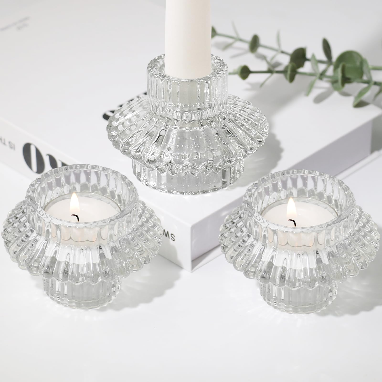 HofferRuffer Glass Candle Holders for Taper & Tealight Candles,Candlestick Holders 3pcs 2 in 1 for Dinner,Wedding Party,Christmas,Livingroom,Gifts Clear