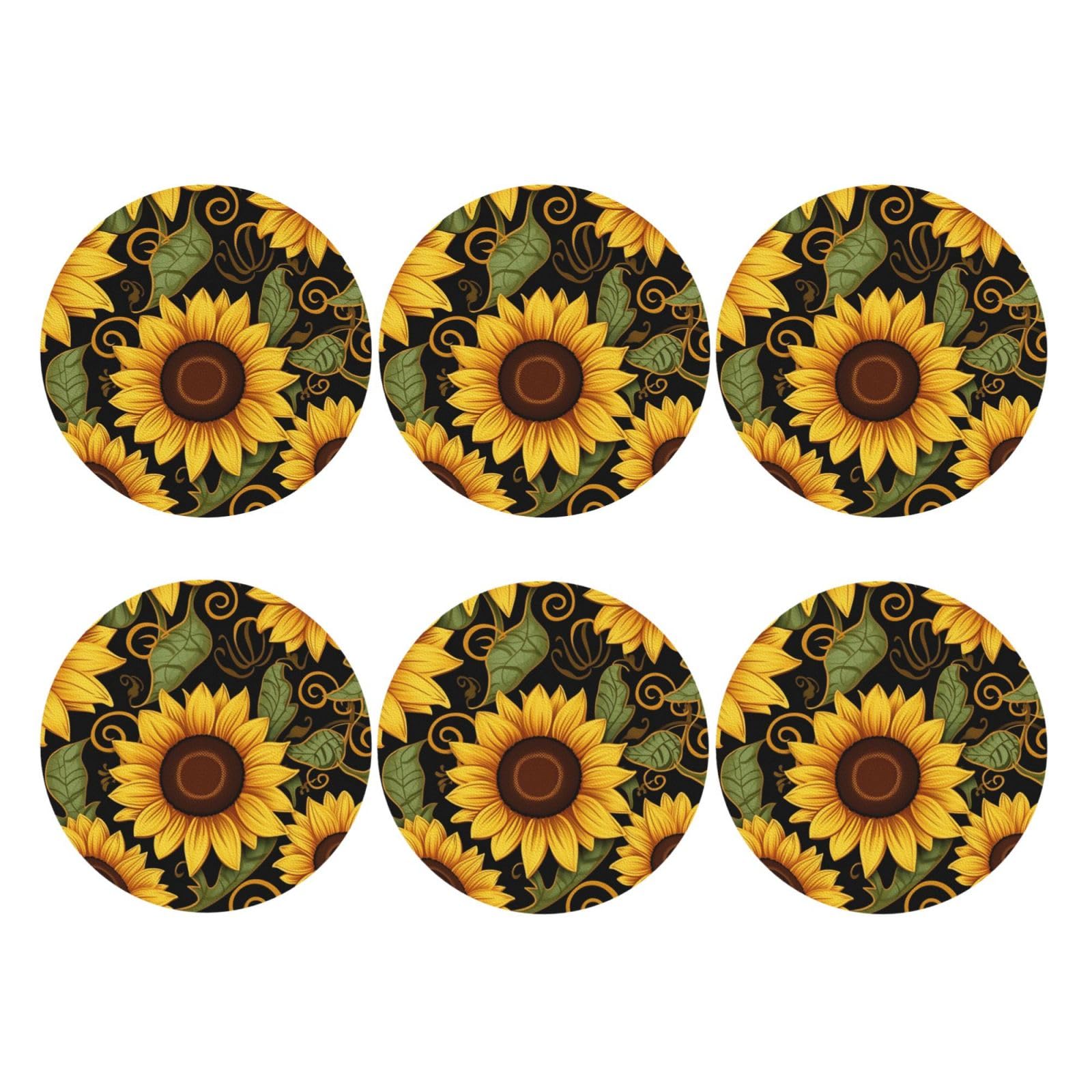 6pcs Leather Coasters for Drinks, Beautiful Sunflower Drink Coasters for Tabletop Protection, 4" Cup Coasters for Coffee Table Decor, Non-Slip Drinking Cup Mat for Hot Or Cold Drink