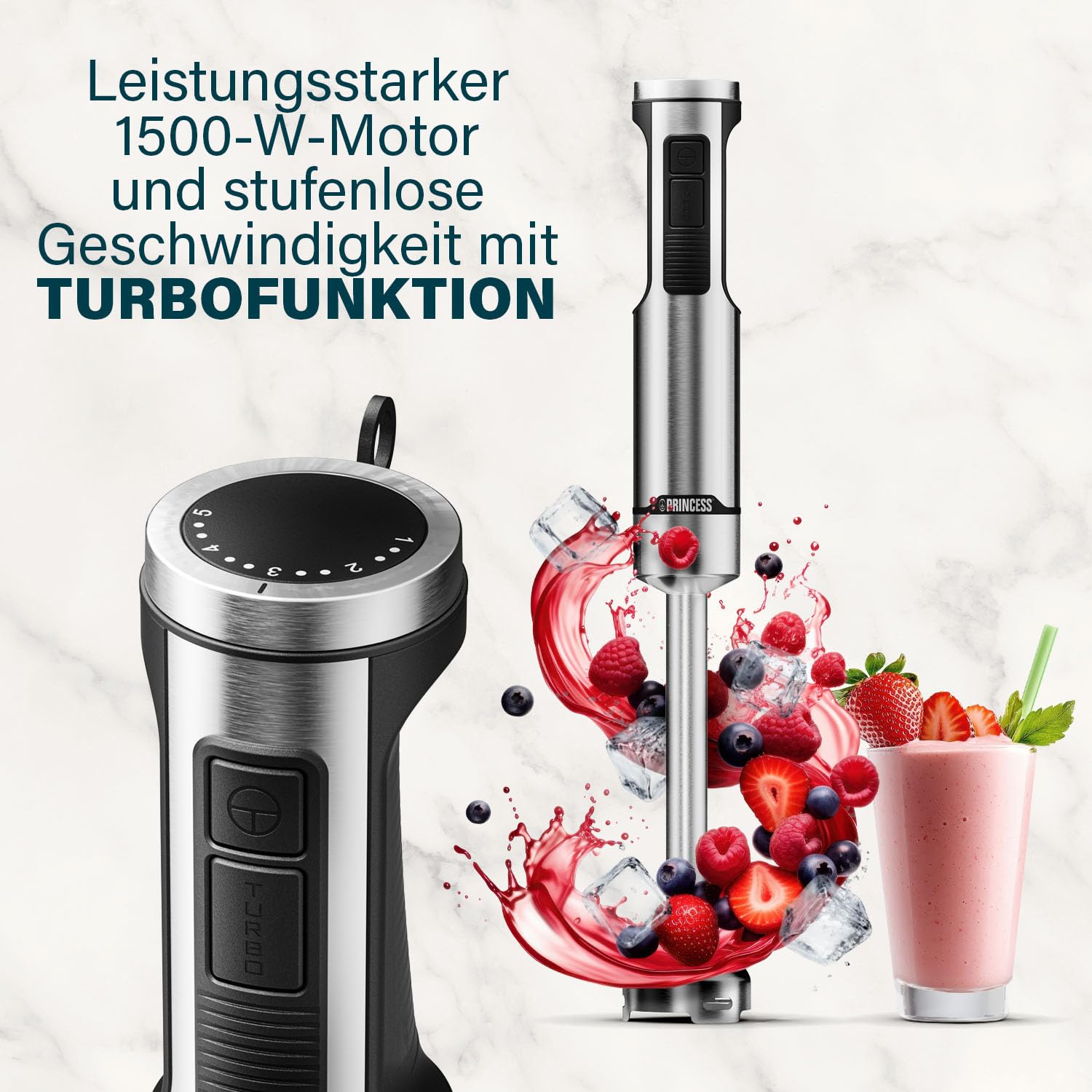 Princess Edelstahl-Stabmixer Prof XXL, 1500W, 50 cm Extra-Langer Stab, 5 Geschwindigkeiten, Turbofunktion, 4-Klingen-System, Messbecher mit Deckel, Spülmaschinenfest, 221233