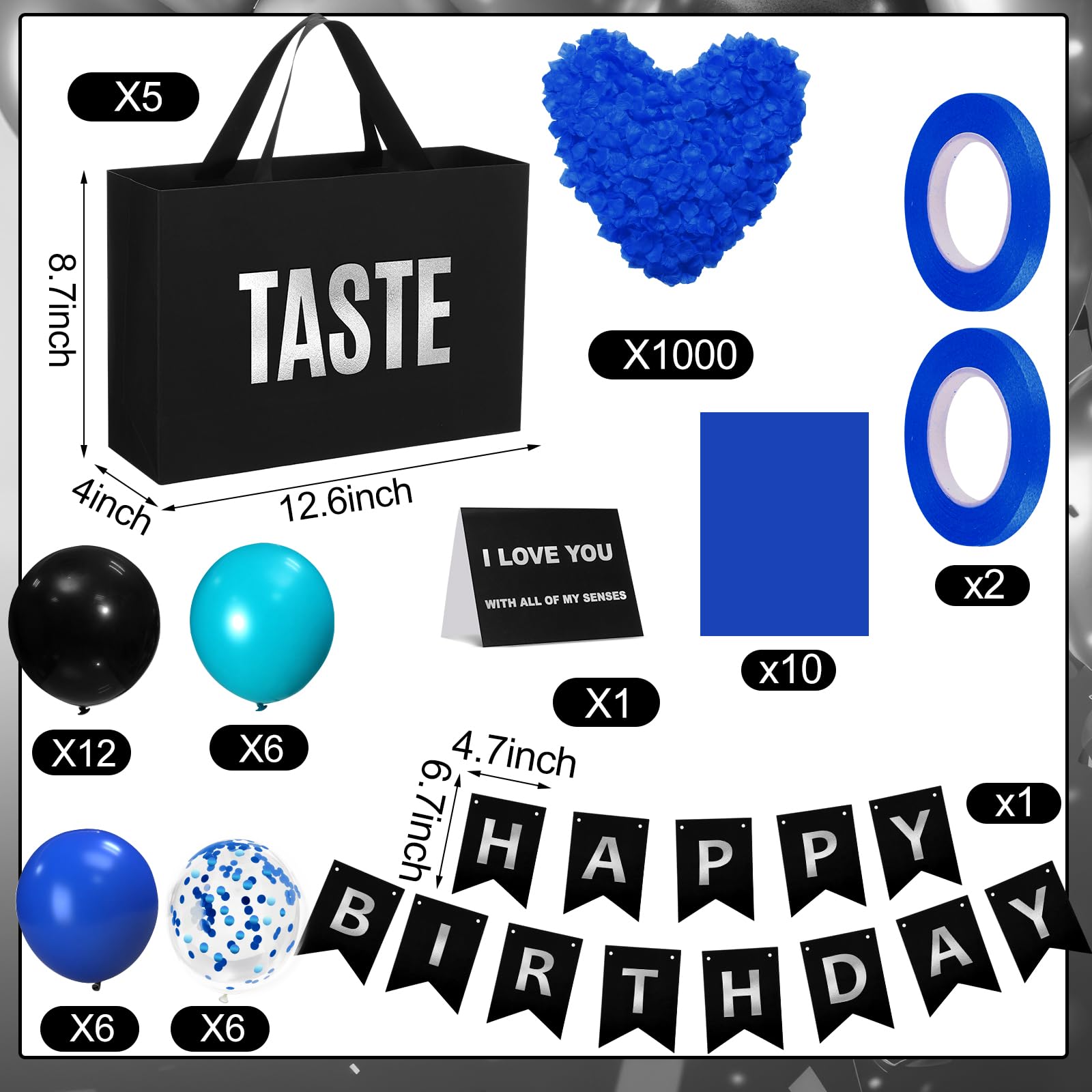 Soulchen 5 Senses Gift Bags for Him Her with Labels, Five Senses Gift Birthday Party Decoration Tissue Paper Handles, Comes with Rose Petals Banner Balloons for Party(Birthday,Blue Black)