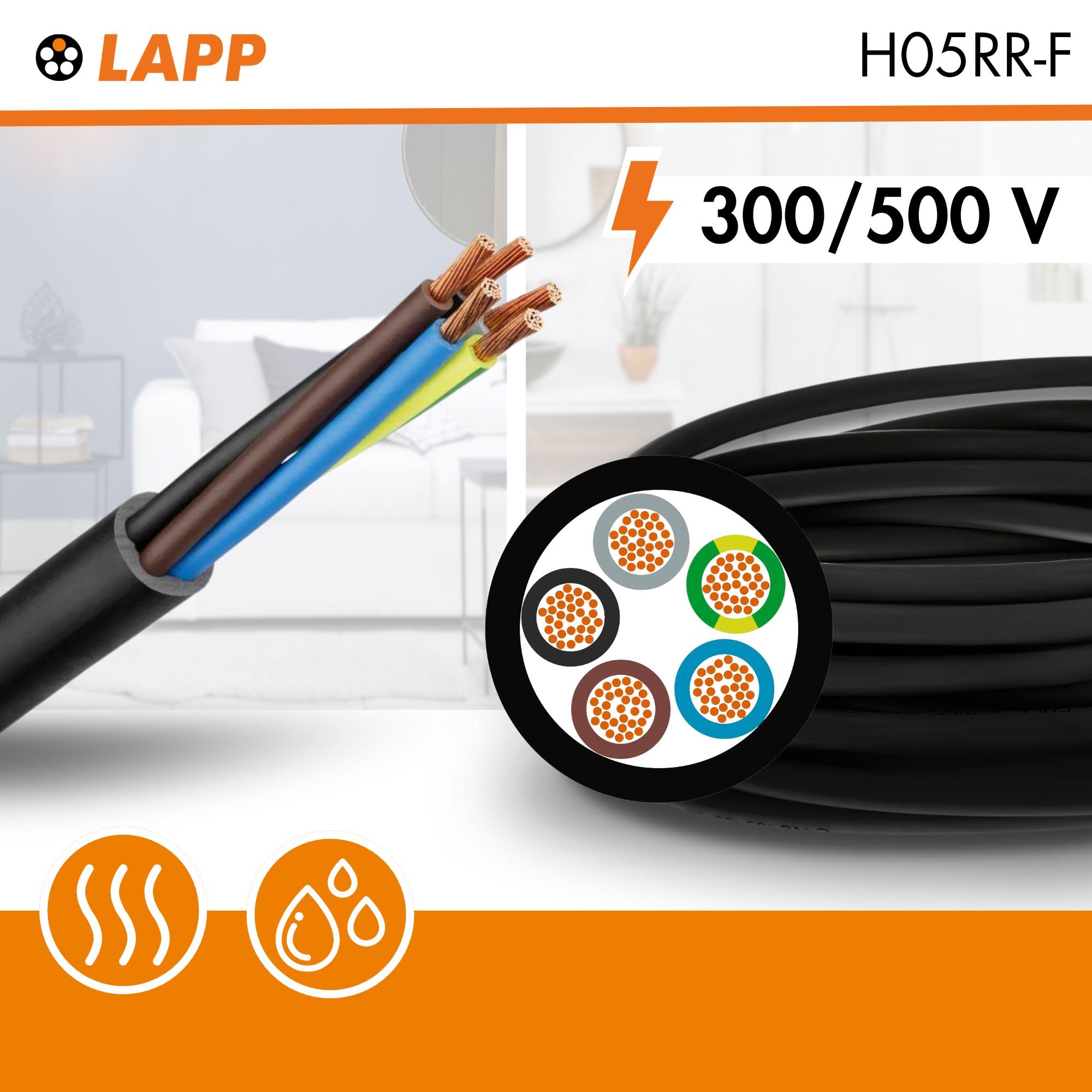 Lapp 16002123 H05RR-F 4G2,5 mm² Cable de Goma Flexible de 10 m | Conductor de protección, manguera de cobre de alambre fino para aparatos domésticos y de taller, resistente 300/500 V
