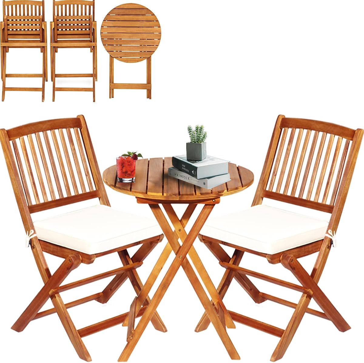 S AFSTAR Bistro Table and Chairs Set of 2, Acacia Wood Folding Bistro Set for 2 with Detachable Soft Cushions, 3PC Outdoor Wood Bistro Set for Patio, Balcony, Garden & Yard (Natural Color)
