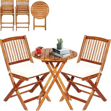 S AFSTAR Bistro Table and Chairs Set of 2, Acacia Wood Folding Bistro Set for 2 with Detachable Soft Cushions, 3PC Outdoor Wood Bistro Set for Patio, Balcony, Garden & Yard Natural Color