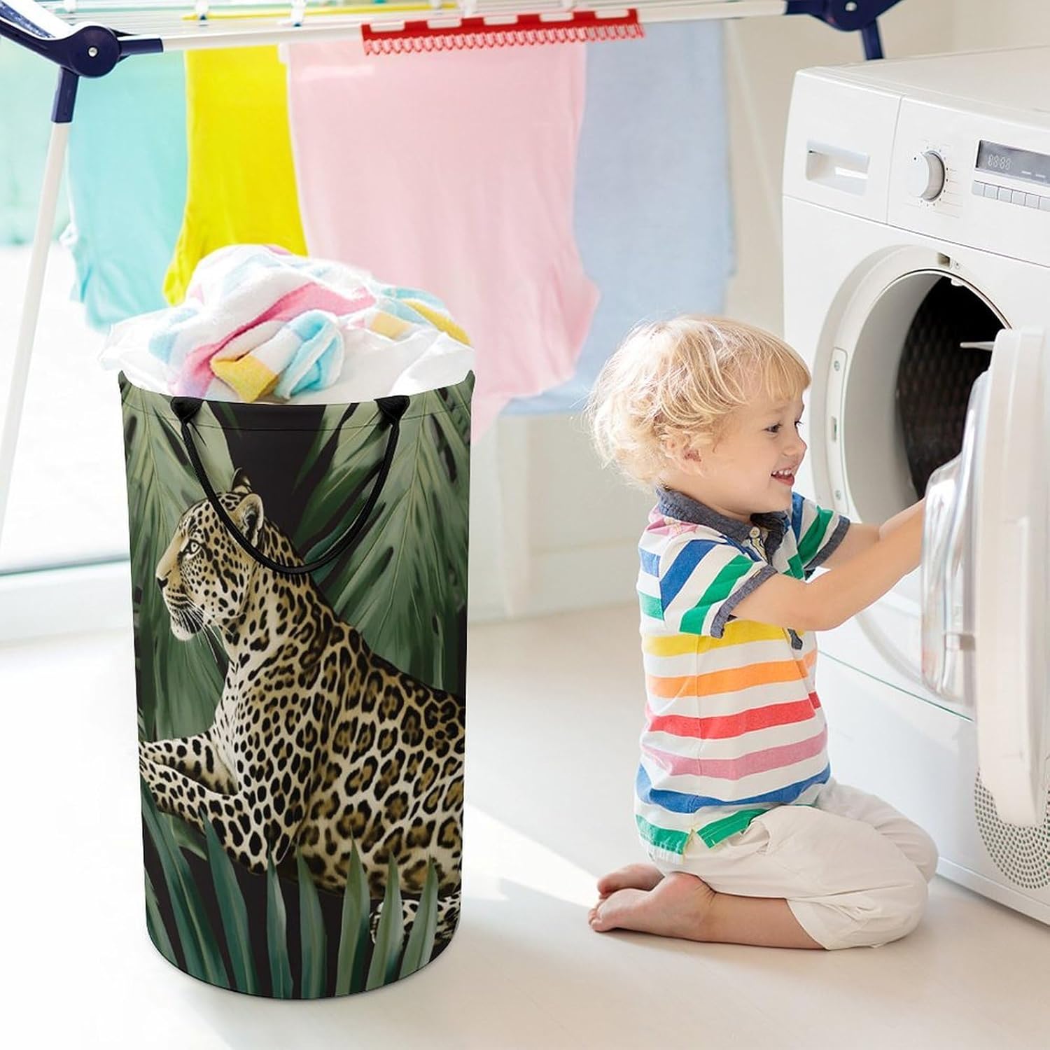 Leopard Palm Leaf Laundry Hamper Freestanding Waterproof Clothes Hamper with Easy Carry Handles Large Collapsible Laundry Baskets Portable Dirty Clothes Basket