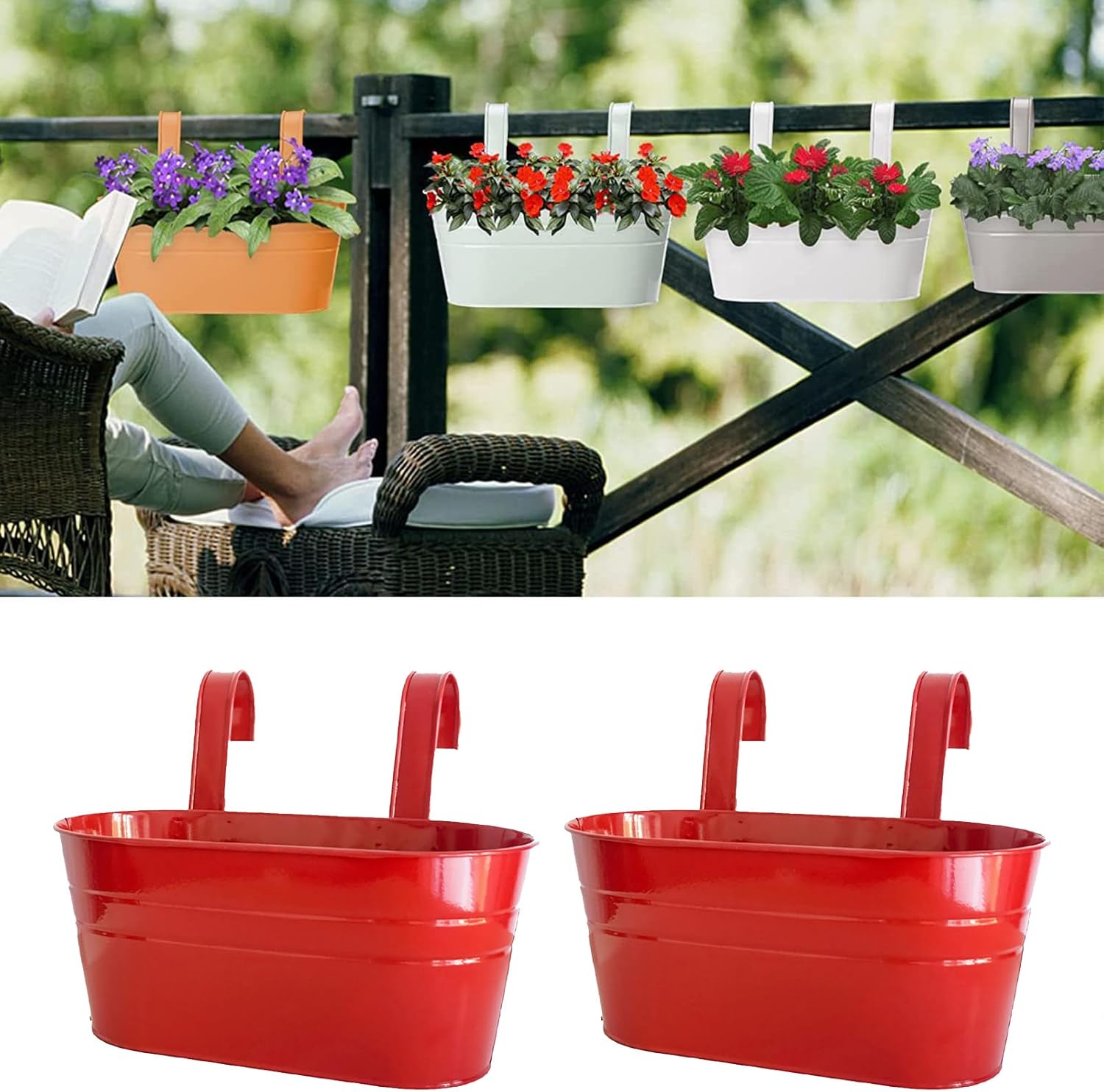 Arinda Outdoor Hanging Planter, 2PCS Metal Hanging Flower Pot with Detachable Hooks, 2 Drainage Hole in Bottom, Colorful Plant Iron Bucket Box for Balcony Garden Patio Railing Fence Decor (Red)
