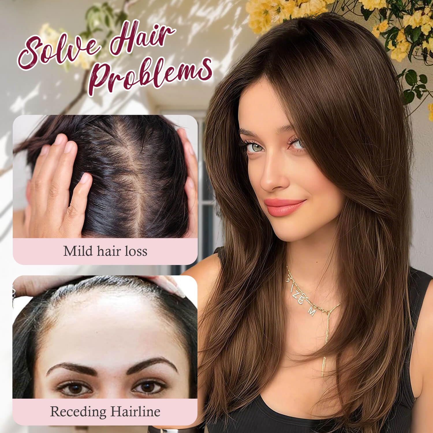 Ms Taj Postiche pour femme - 45 cm - Pour cheveux fins - Naturellement stratifiée - Pour plus de volume de cheveux - Postiche Haa synthétique avec frange - Marron foncé