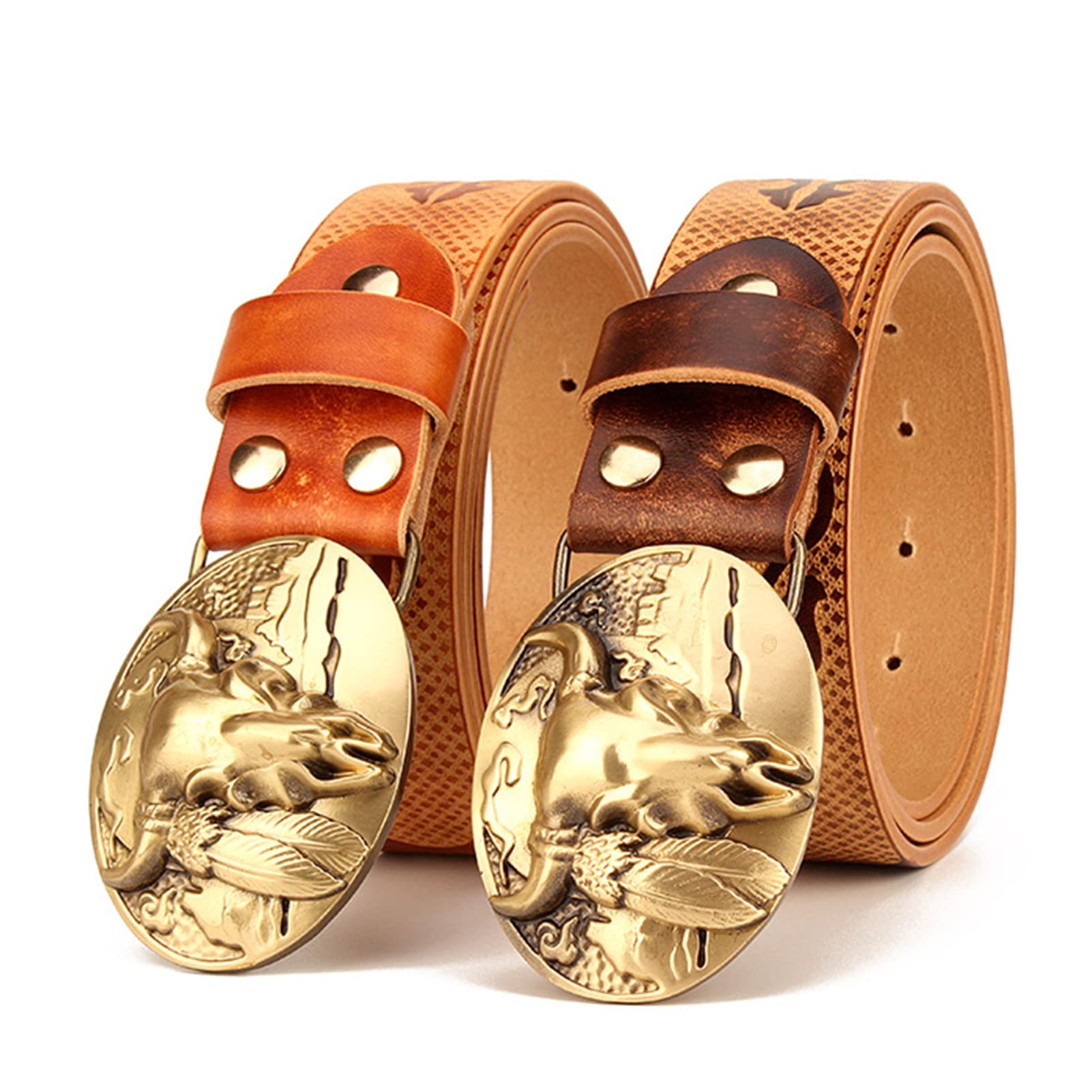 Cintura Western Unisex in Vera Pelle, Cinture in Rilievo 38mm, Cinture Country per Cowgirl Cowboy con Fibbia Vintage Testa di Toro Oro per Pantaloni Jeans