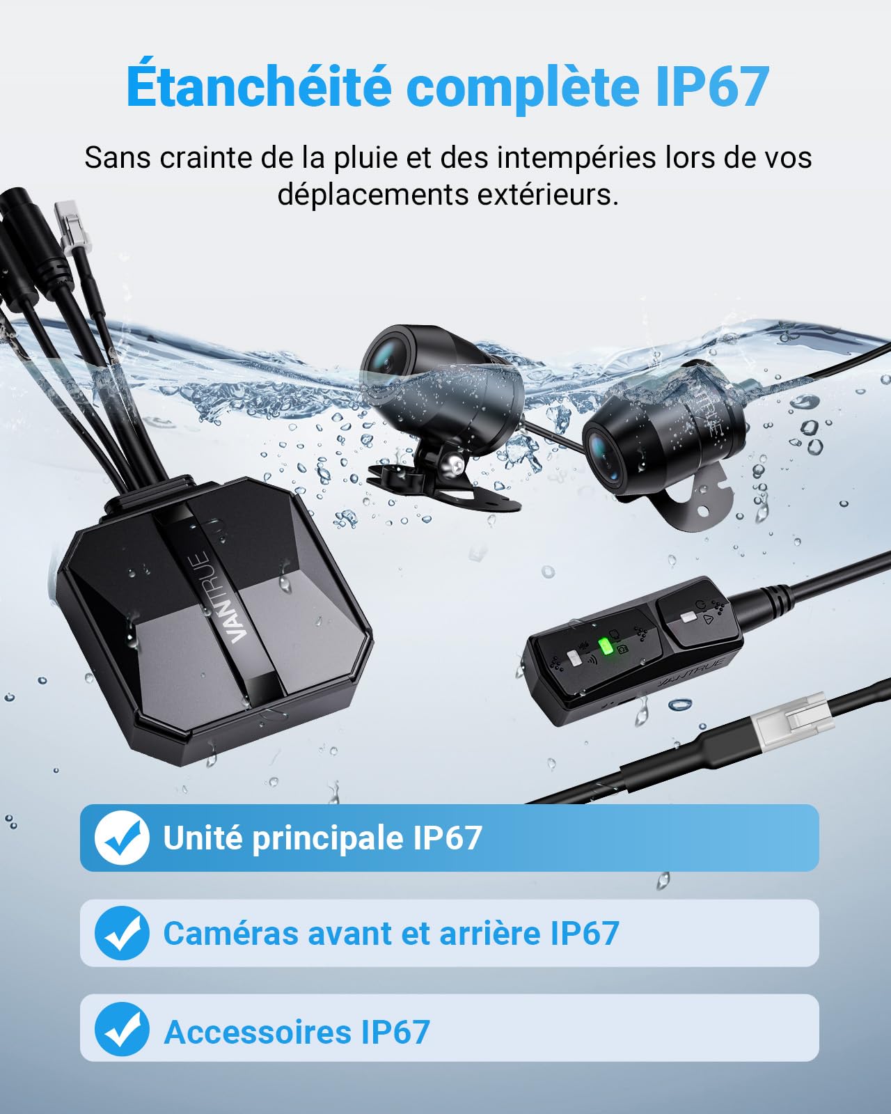 VANTRUE F1 4K+1080P Caméra de Moto étanche IP67，5GHz WiFi GPS Dashcam Moto Avant et Arrière, Alertes Vocales, 24H Détection de Collision，Statistiques de Kilométrage，WDR & HDR & Appli,300° Max 512G