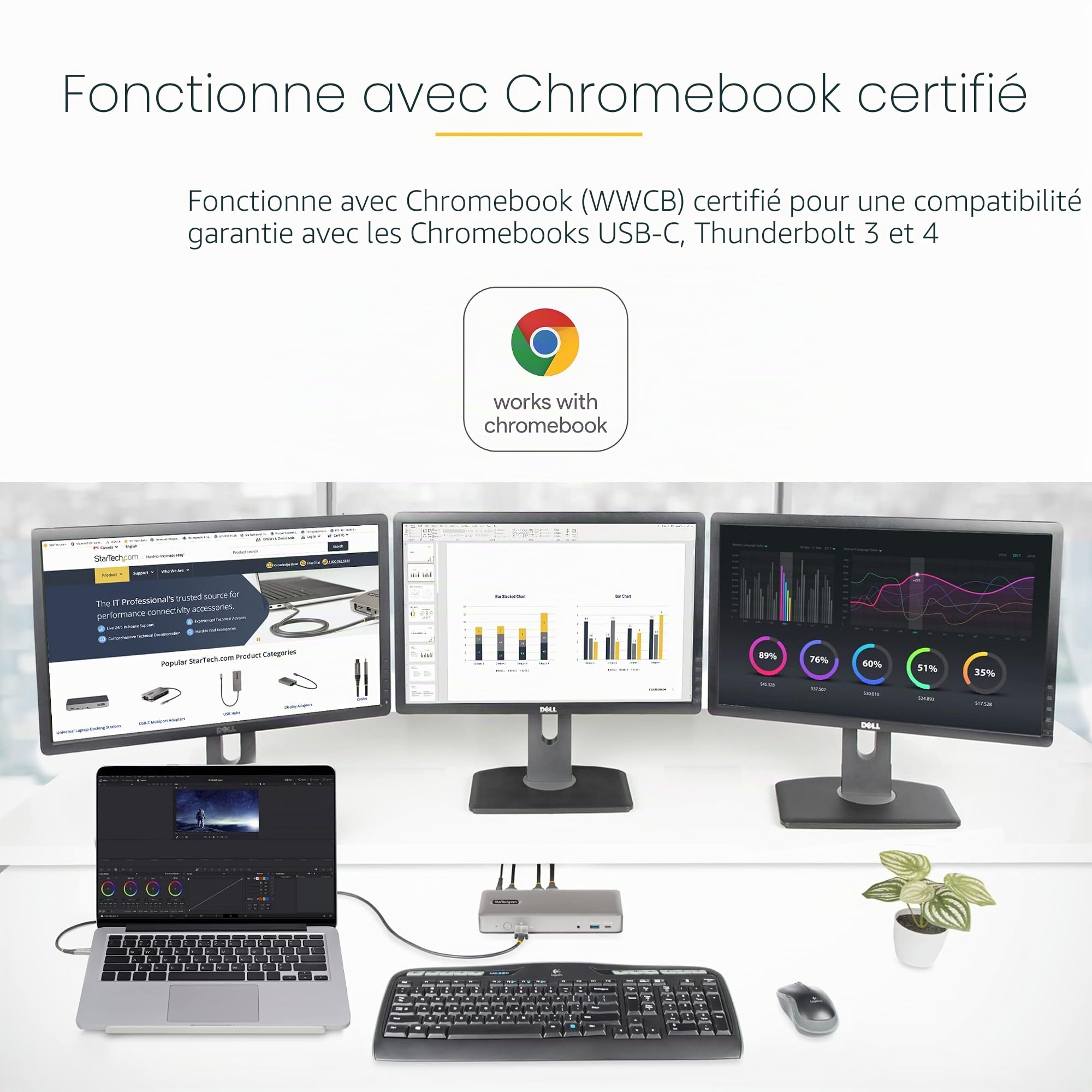StarTech Dock USB-C Triple 4K30 Double 4K60 Chromebook, Hub 7 Ports, GbE | Station d'Accueil, Multi-Moniteur, HDMI DP, DP Alt Mode, 60W Power Delivery 3.0, Fente K, Audio