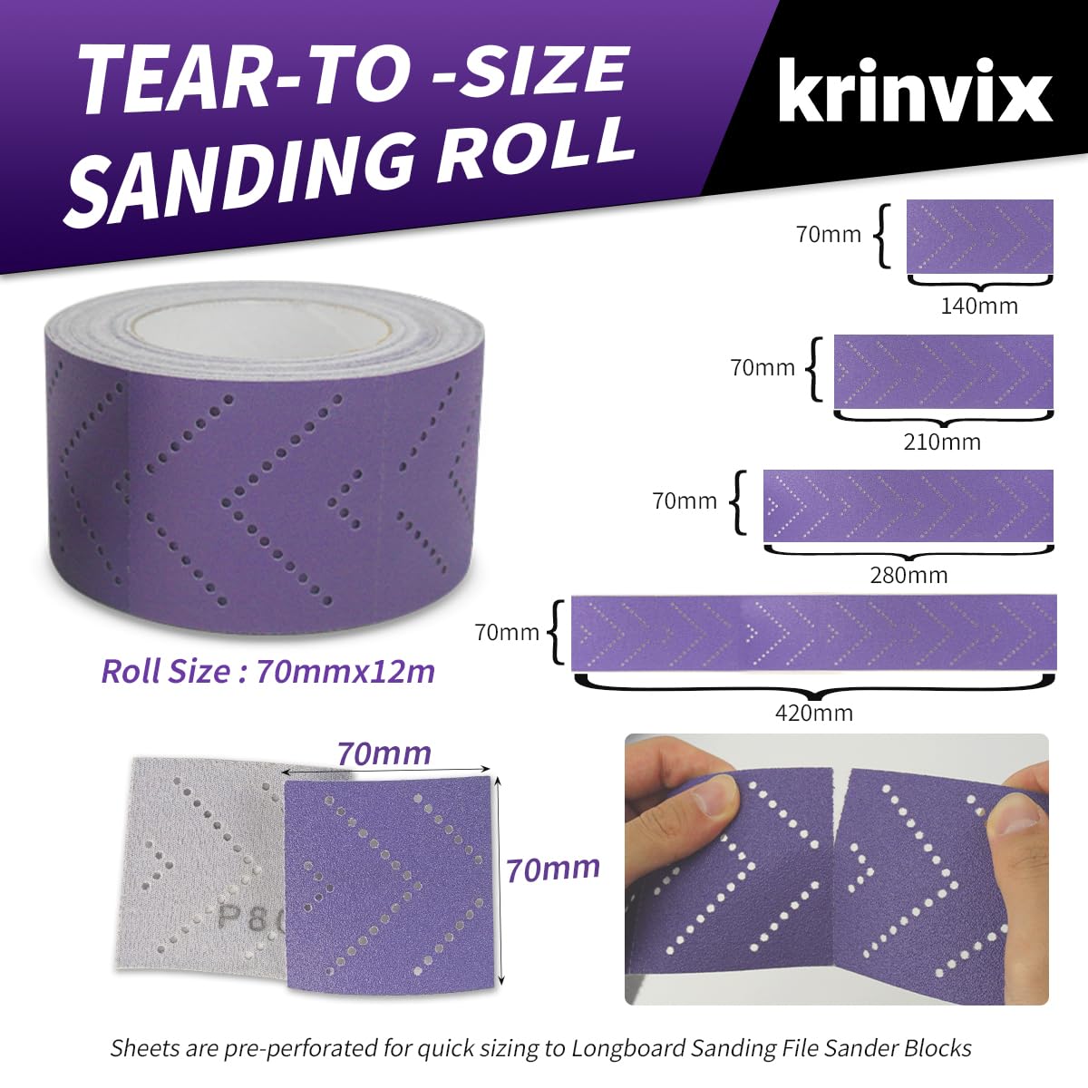 220 Grit Purple Hook & Loop Sandpaper Roll, 70mm x 12m, Ceramic Abrasive with Multi-Hole Dustless Design for Automotive, Wood & Metal, Ideal for Body Repair, Paint Prep & Coating Removal