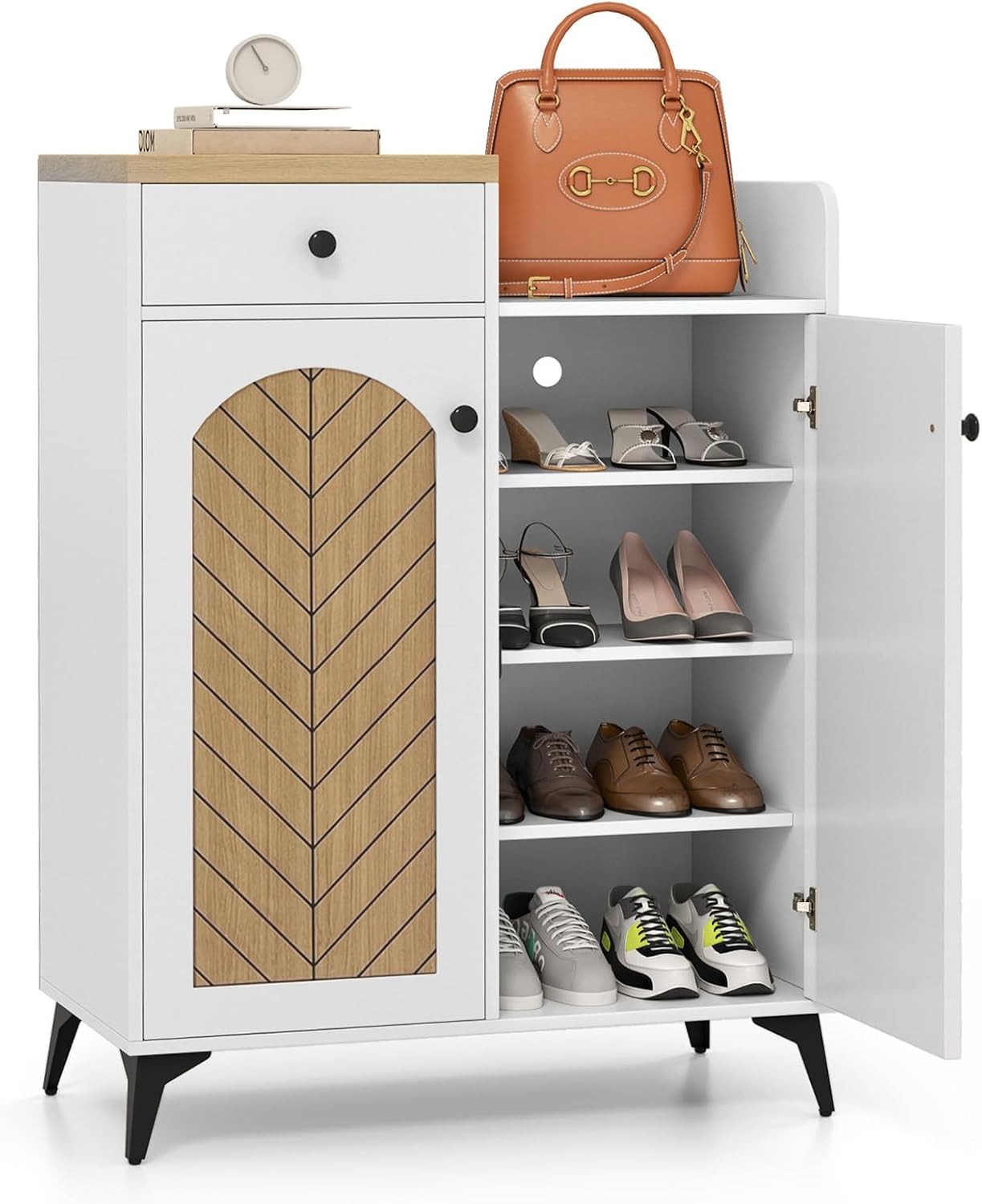 LOKO Shoe Cabinet with Doors, 6-Tier Shoe Storage Cabinet with Drawer, 6 Adjustable & Removable Shelves, Ventilation Holes, Metal Legs, Wooden Shoe Organizer for Entryway, Closet, Hallway, Living Room
