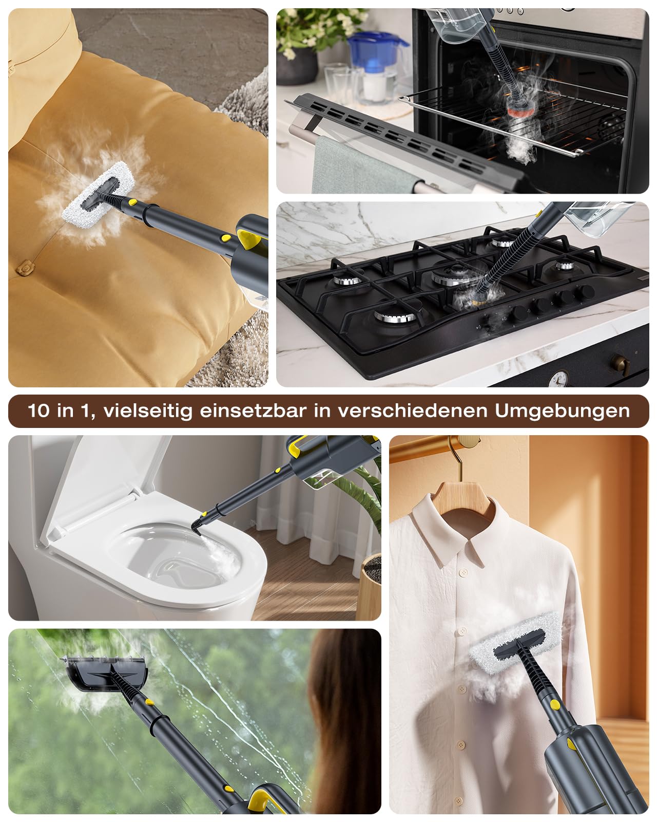 10-in-1 Dampfreiniger mit abnehmbarem Handgerät,Handdampfreiniger Zubehör | 350-ml-Tank,10 Sekunden Aufheizzeit,120 °C Dampfreiniger, 2-stufige Temperaturregelung, für Boden, Teppich, Fliesen und Grill