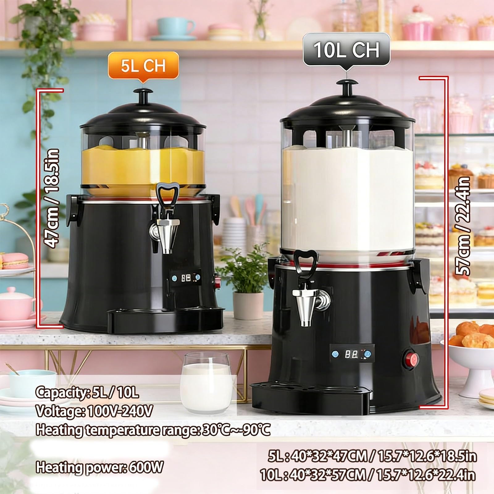 Machine à chocolat chaud commerciale et distributeur – Réchauffeur de boissons, acier inoxydable, réglage 30~90 ℃, 600 W, for chauffer le café, le thé au lait(10L)