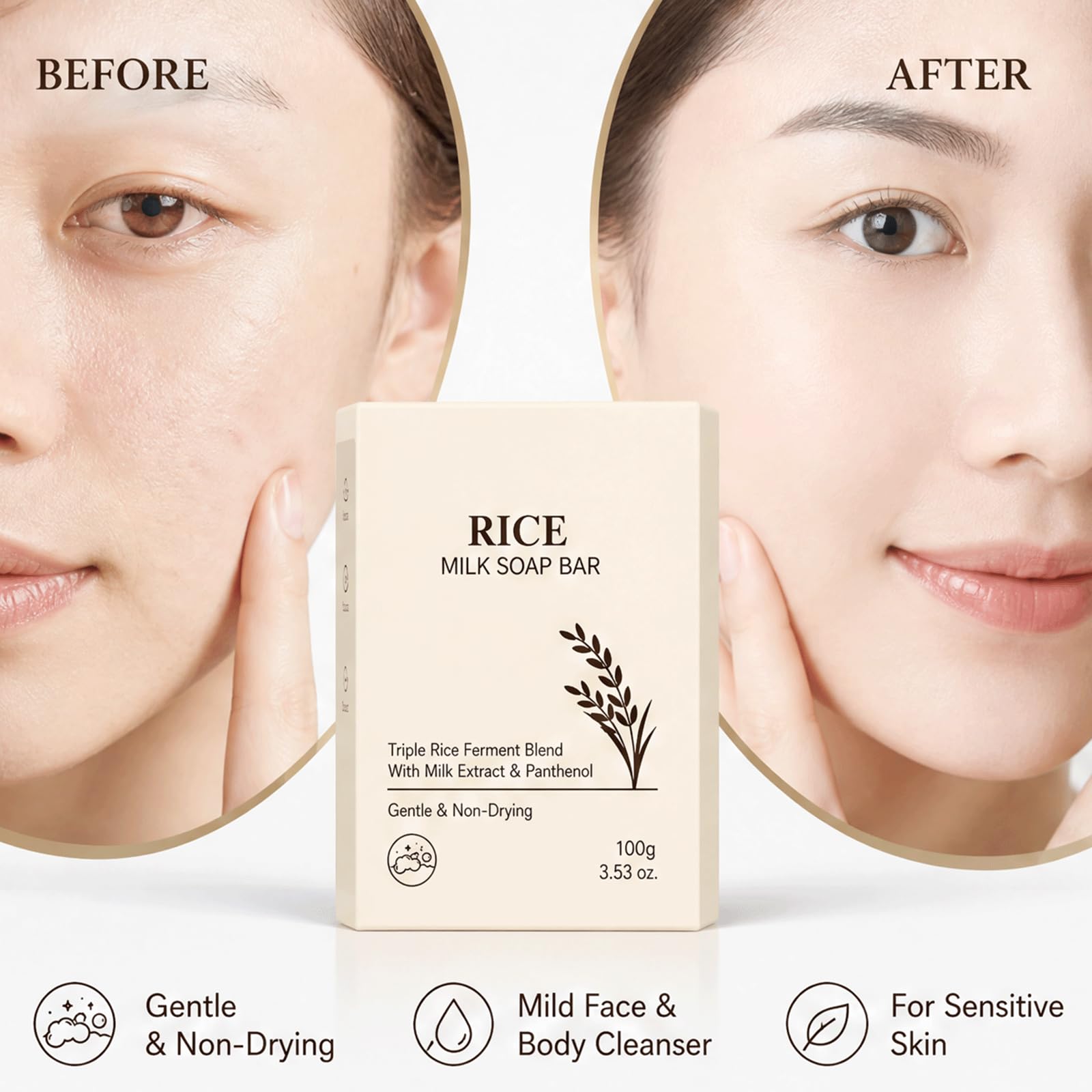Barre de savon au lait de riz - barre hydratante naturelle pour le visage et le corps, barre de savon hydratante pour les peaux sensibles, barre de lavage doux pour le visage pour femmes (5PCS)