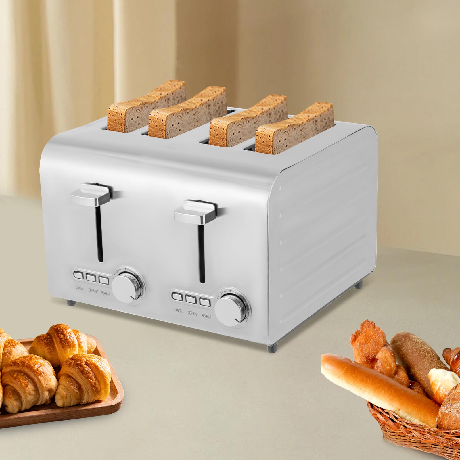 Tostapane in acciaio inox a 4 fette per casa, panetteria, snack bar, ristorante, caffetteria, argento, 27,8 x 28 x 19,3 cm, 1500 W, 220 V, 50 Hz