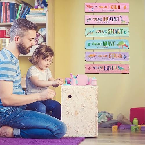 Miniatura 7 de Yookeer Juego de 6 carteles de pared de dinosaurios de acuarela de madera rústica motivacional para colgar en la pared, letrero positivo para el