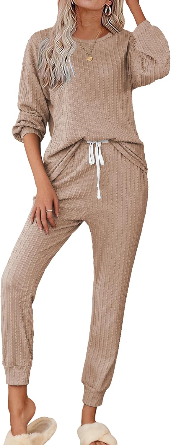 Ekouaer Womens Pajamas Set Ribbed Knit Long Sleeve Pullover Top Jogger Pants Set 2 Piece Lounge Set Sleepwear Tracksuit S-XXL