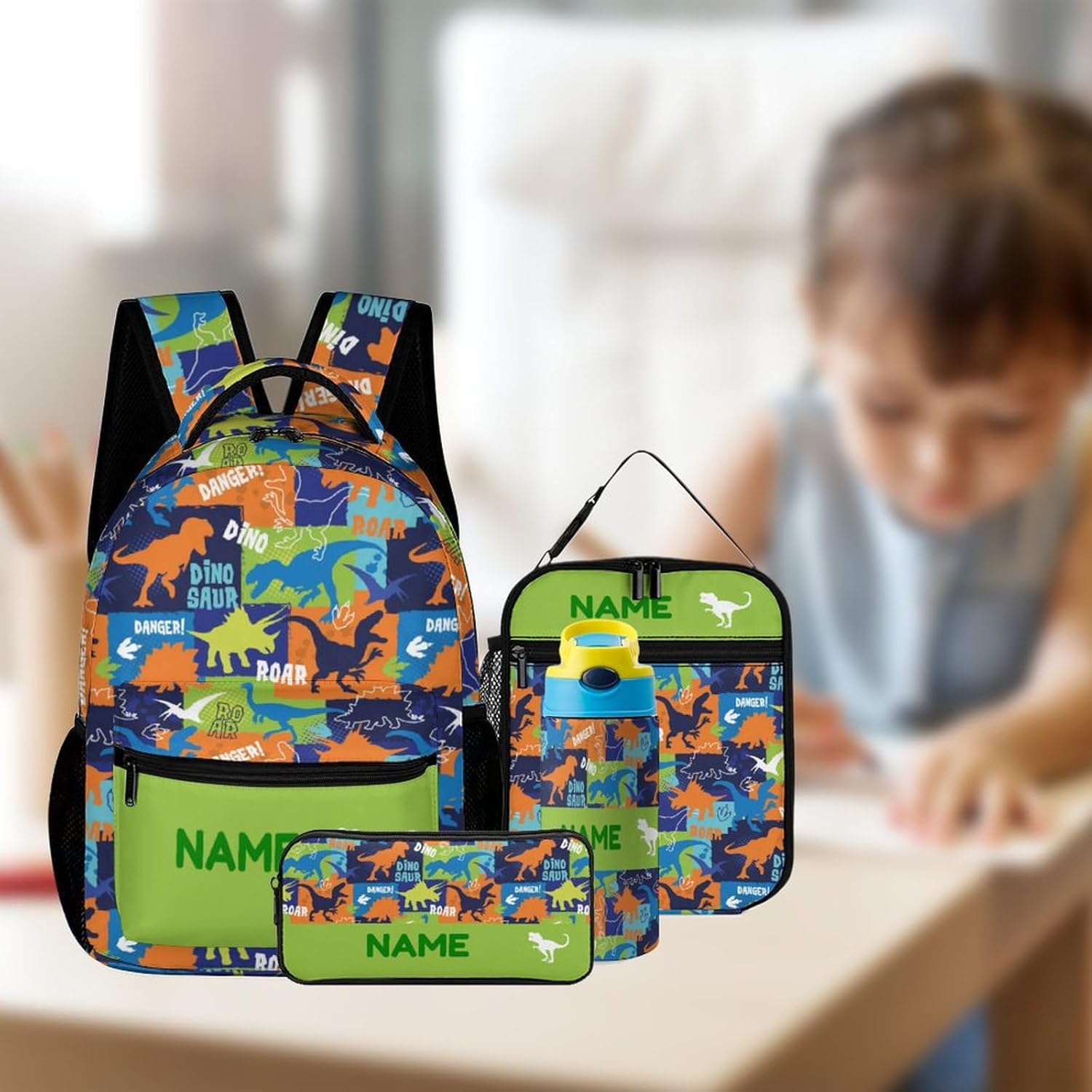 Custom 4Pcs Backpack Set with Lunch Bag Pencil Case Kids Water Bottle Add Your Name Personalized School Book Bags Customization Colorful Dinosaur Roar Backpack for Girls Boys