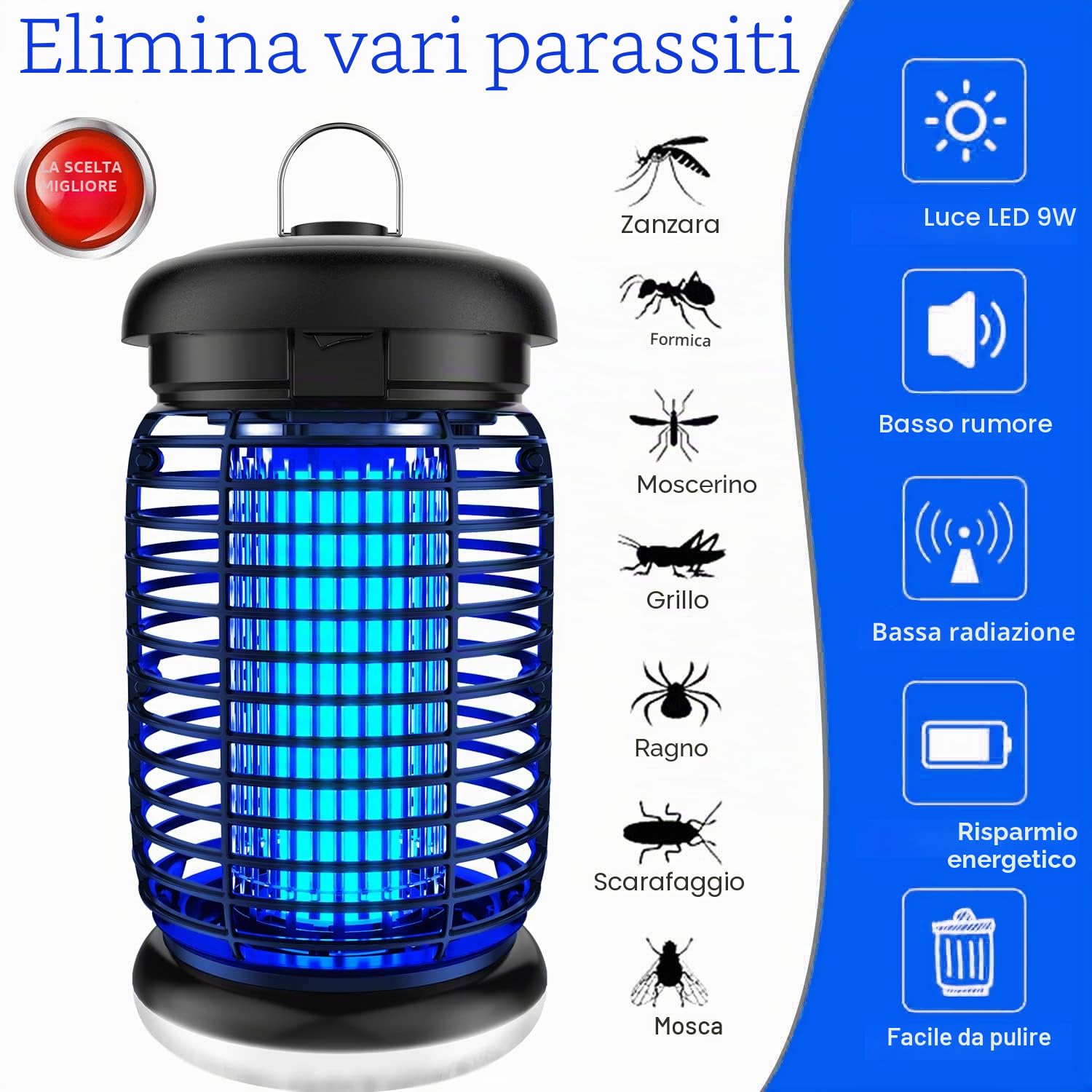 lampada antizanzare elettrica Cable de 3m, 4200V 15W UV Zanzariera Elettrica con 9W Led lampada, Alto-efficiente, Non tossico e inodore, IPX4, lampada zanzare per interni ed esterni