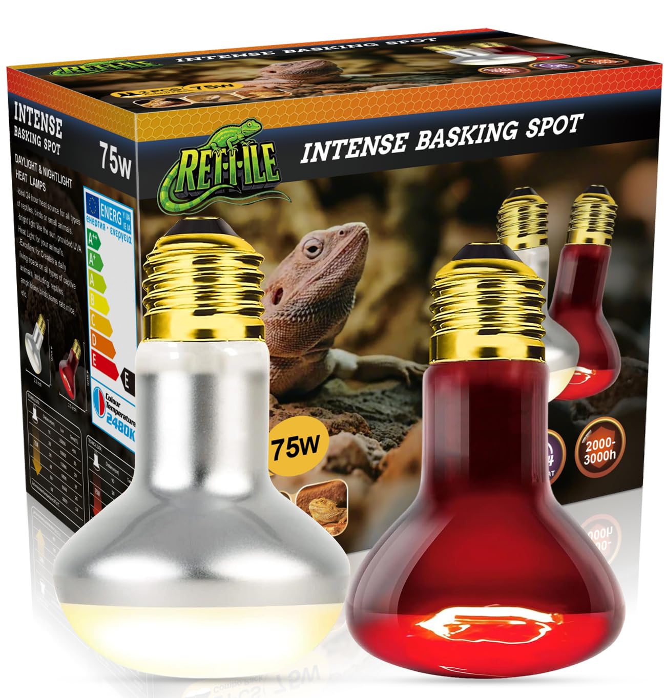 Reptile Infrared Heat Lamp Bulb 75W, 2-in-1 Day & Night Combo, Infrared Heat Lamp & UVA Sunlight Heating Lamp for Reptile Terrariums