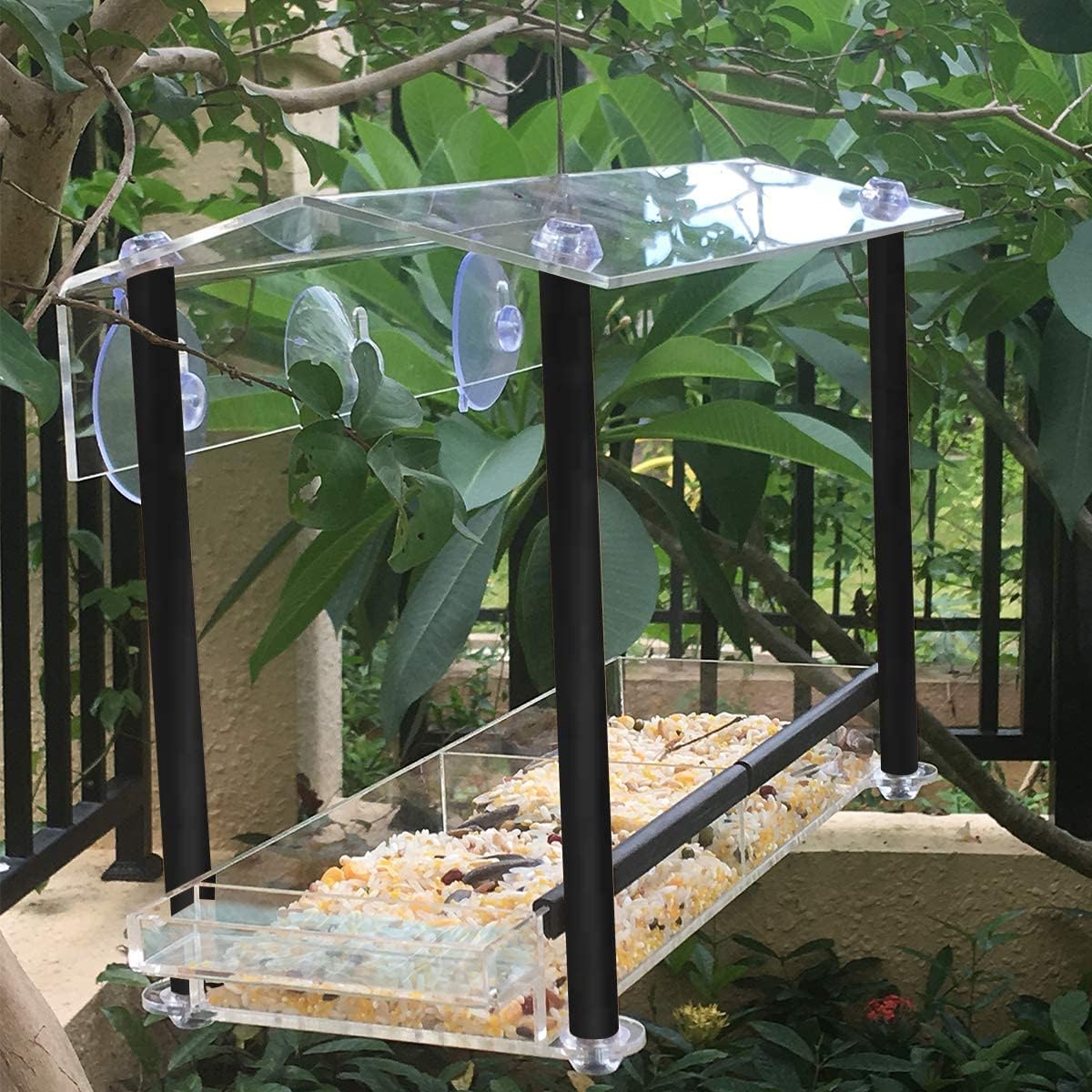 Window Bird Feeder, Large Size with Strong Suction Cups & Seed Tray, Separate Drinking-Water Sink & Wood Pillar Support, Weatherproof with Shield roof & Drain Hole, Outdoor Acrylic Bird House