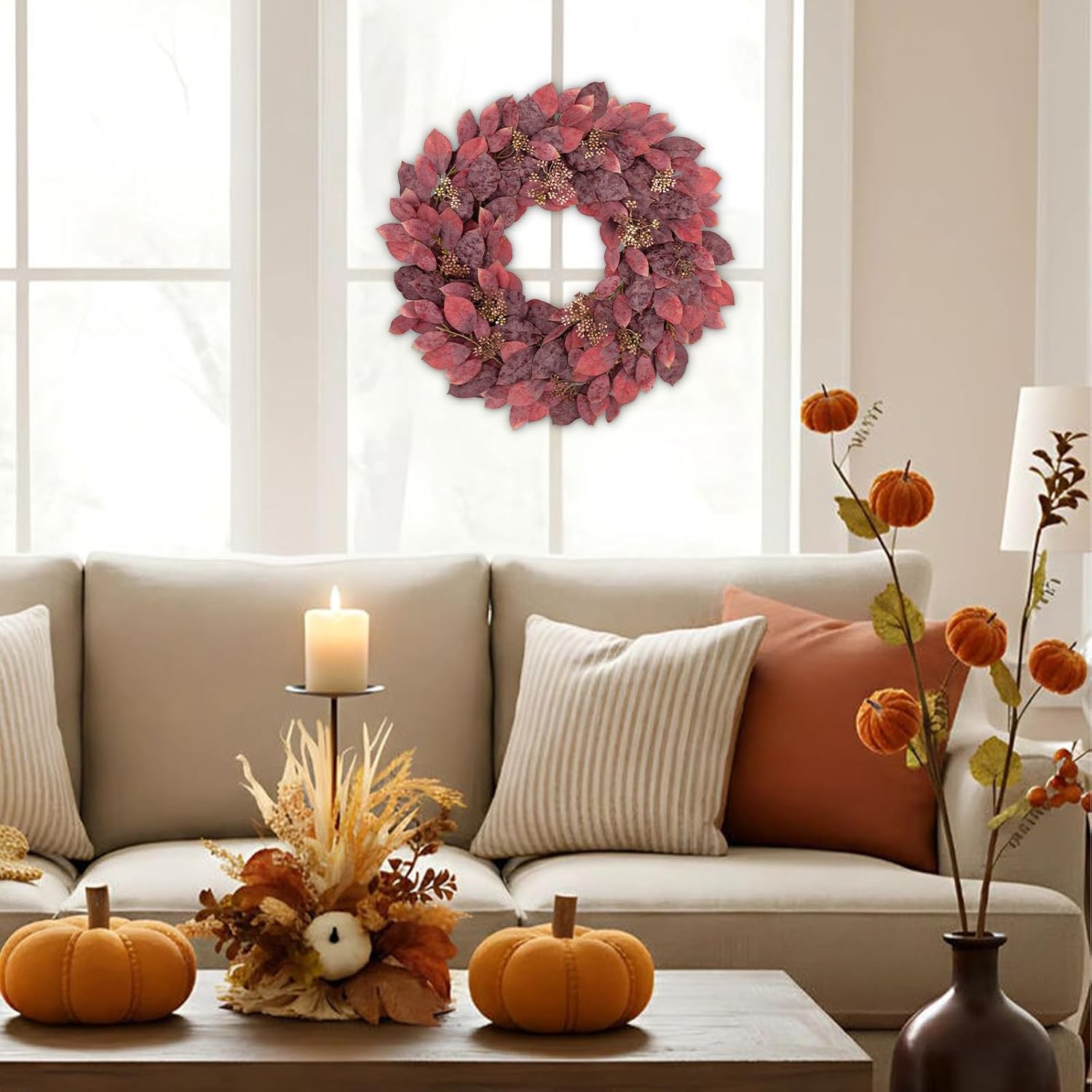 20" Fall Wreath for Front Door with Artificial Burgundy Birch Leaves