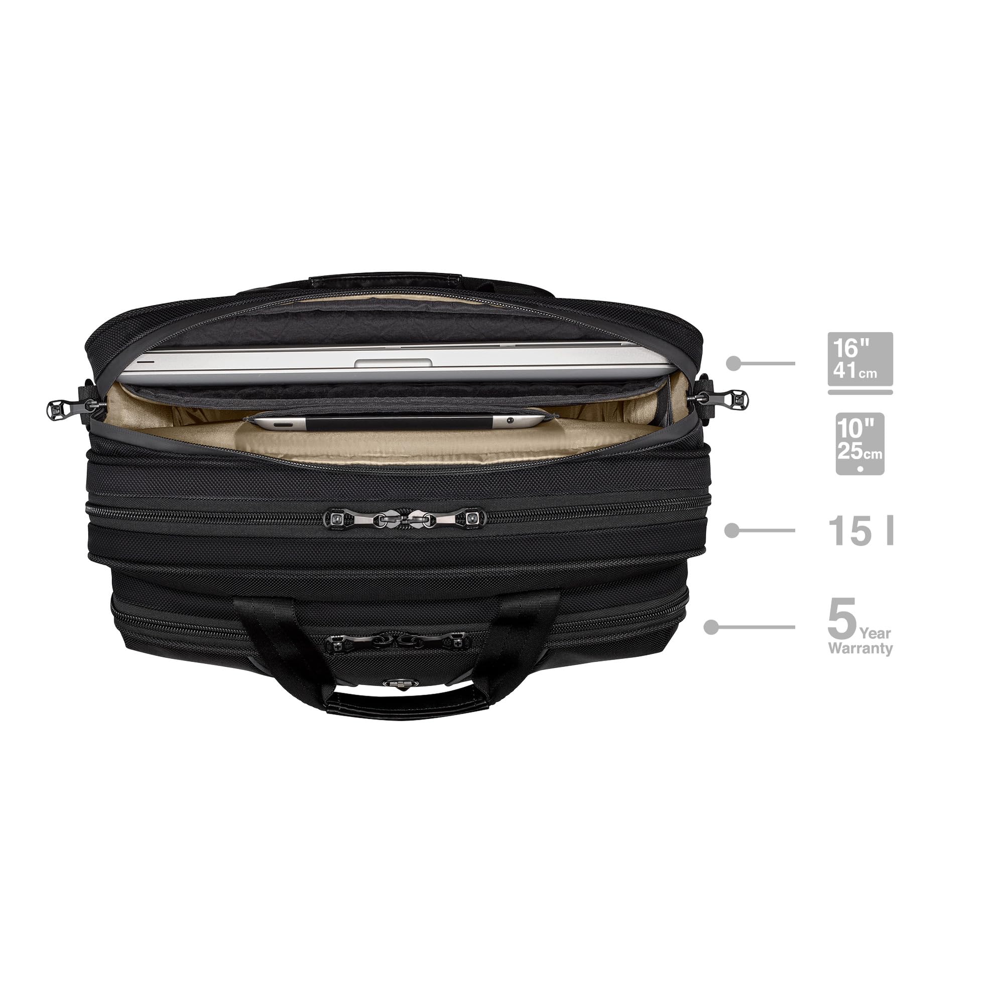 WENGER Legacy Black Series 653630 torba na laptopa do zawieszenia, notebook do 16 cali, kieszeń na tablet, aktówka, 15 l, do biura biznesowego, czarna, czarny, Black Series Brief Laptop-Tasche