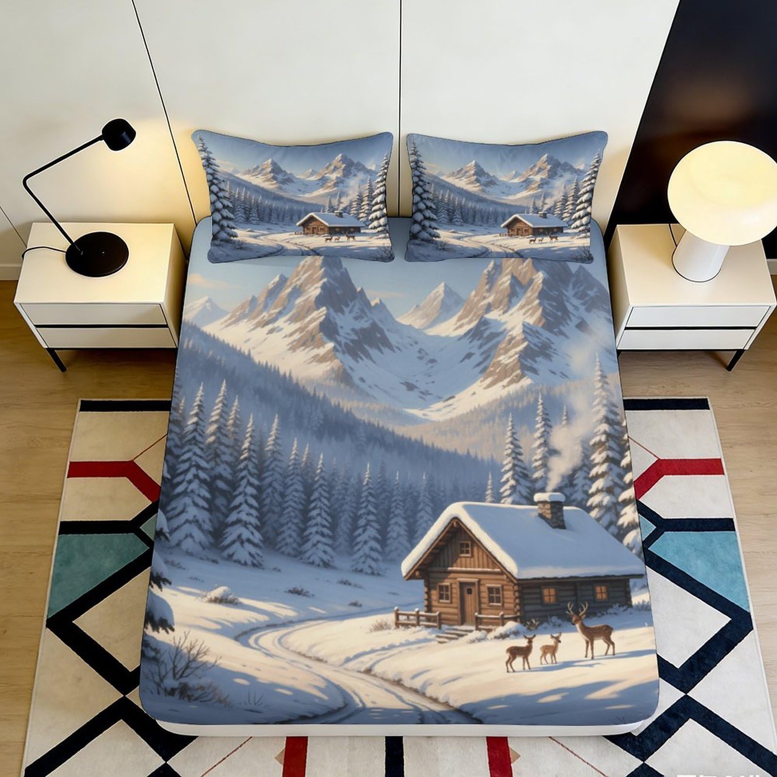 3D Printed Snow Mountain Fitted Sheet Microfiber Deep Pocket Non-Slip Bedding Forest Mattress Fitted Cover Washable 140x200x25cm